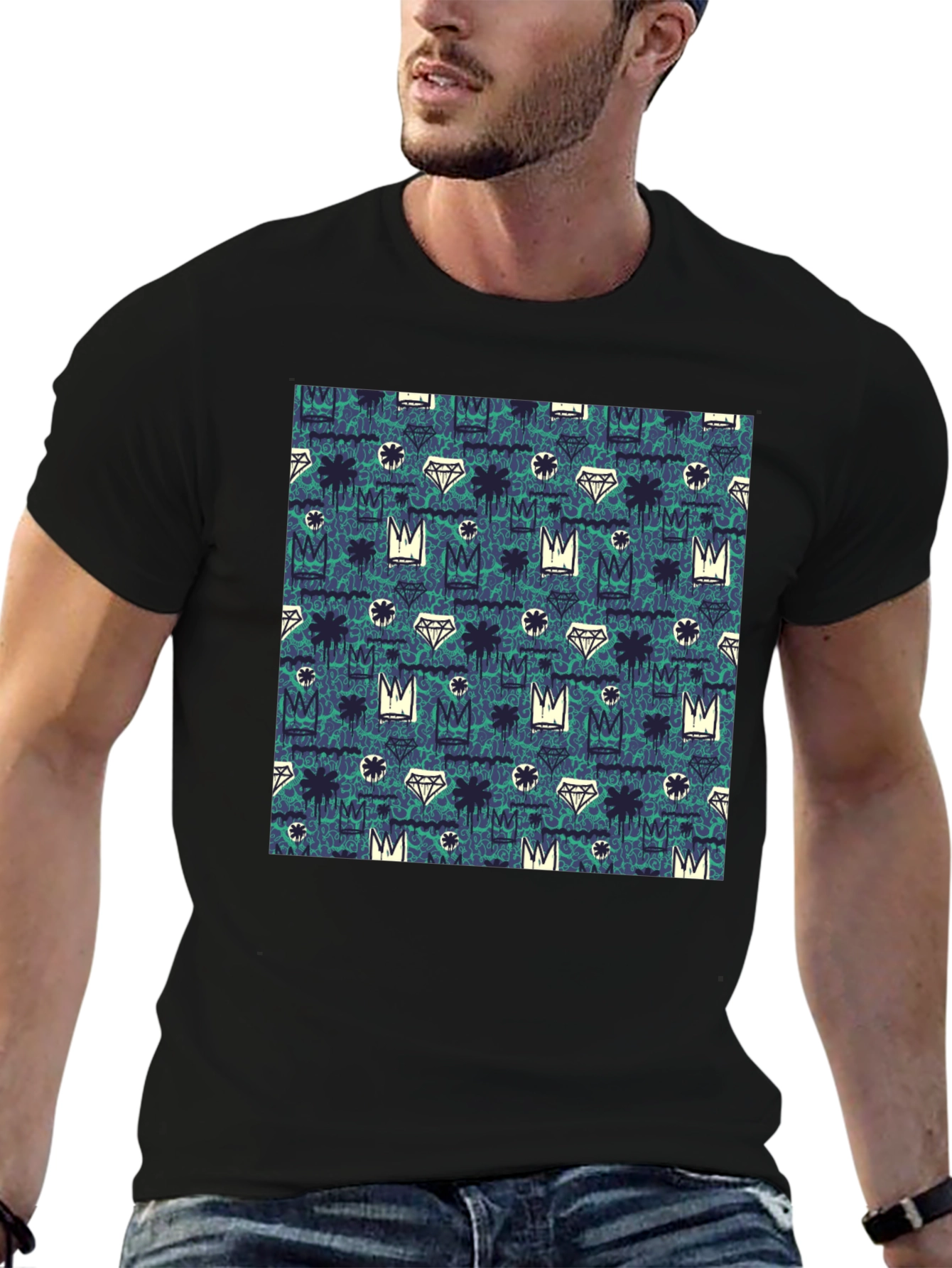 Crown & Diamond Pattern Black T-Shirt