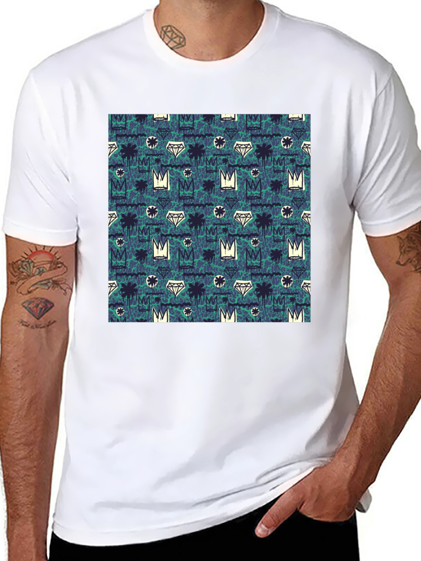 Crown & Diamond Pattern Black T-Shirt