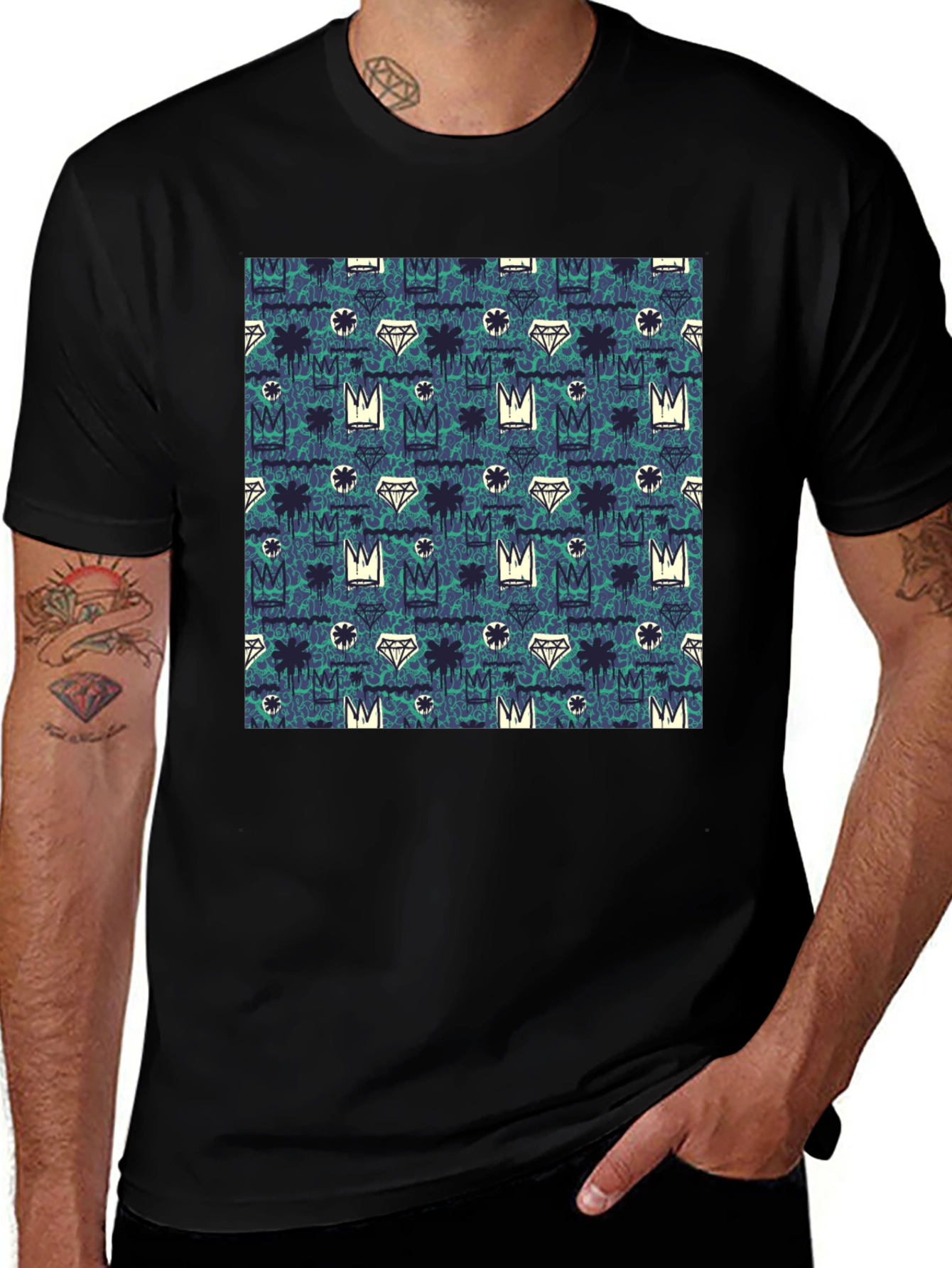 Crown & Diamond Pattern Black T-Shirt