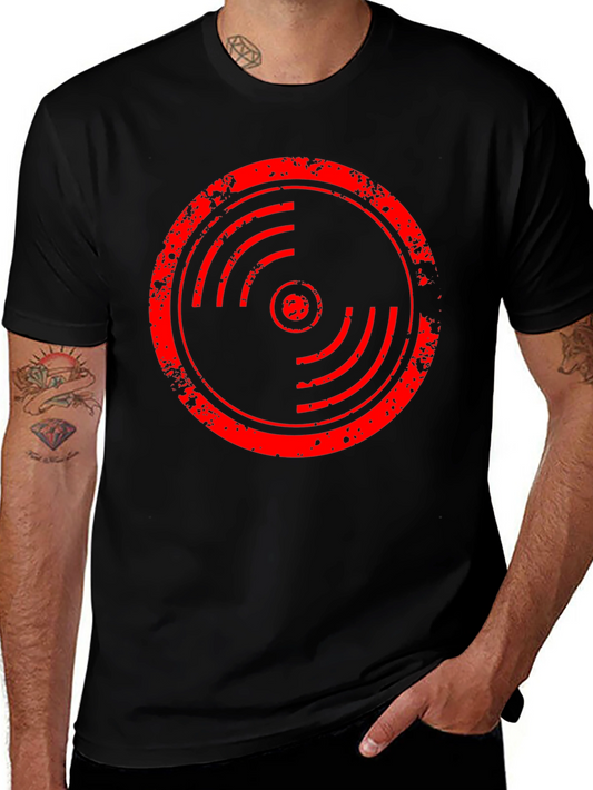Graphic Tee: Red Vinyl Record Print on Black Shirt