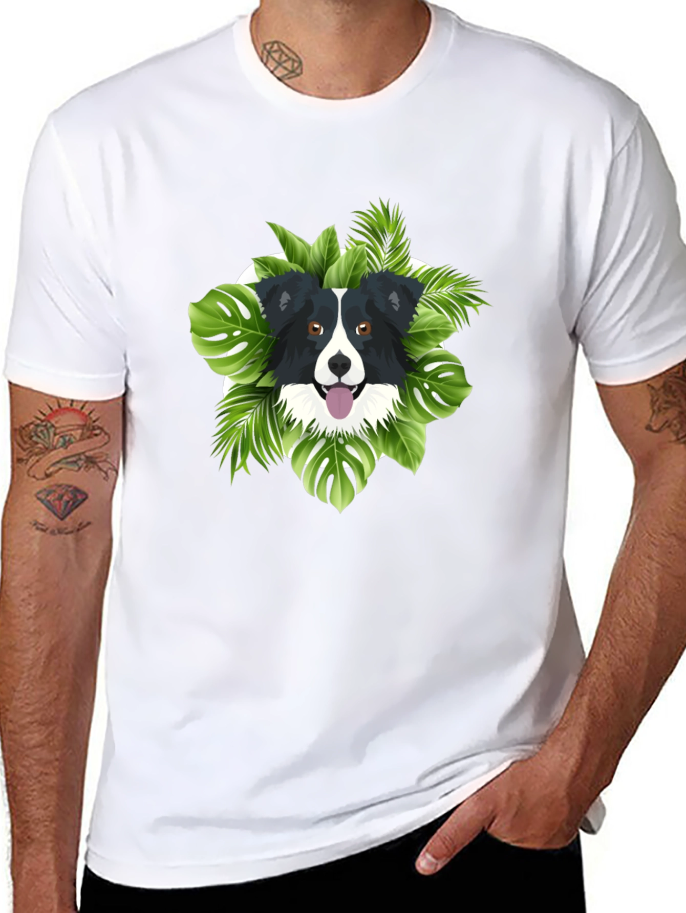 Dog & Tropical Leaves Graphic Tee - Black