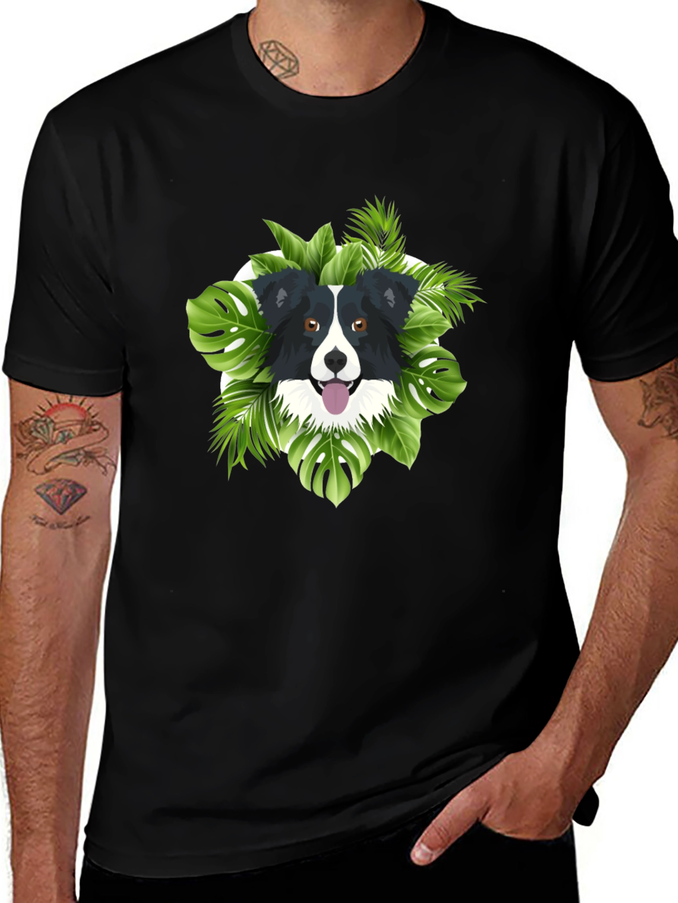 Dog & Tropical Leaves Graphic Tee - Black