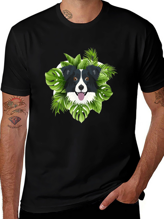 Dog & Tropical Leaves Graphic Tee - Black