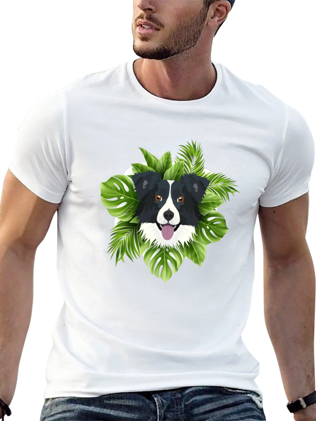 Dog & Tropical Leaves Graphic Tee - Black