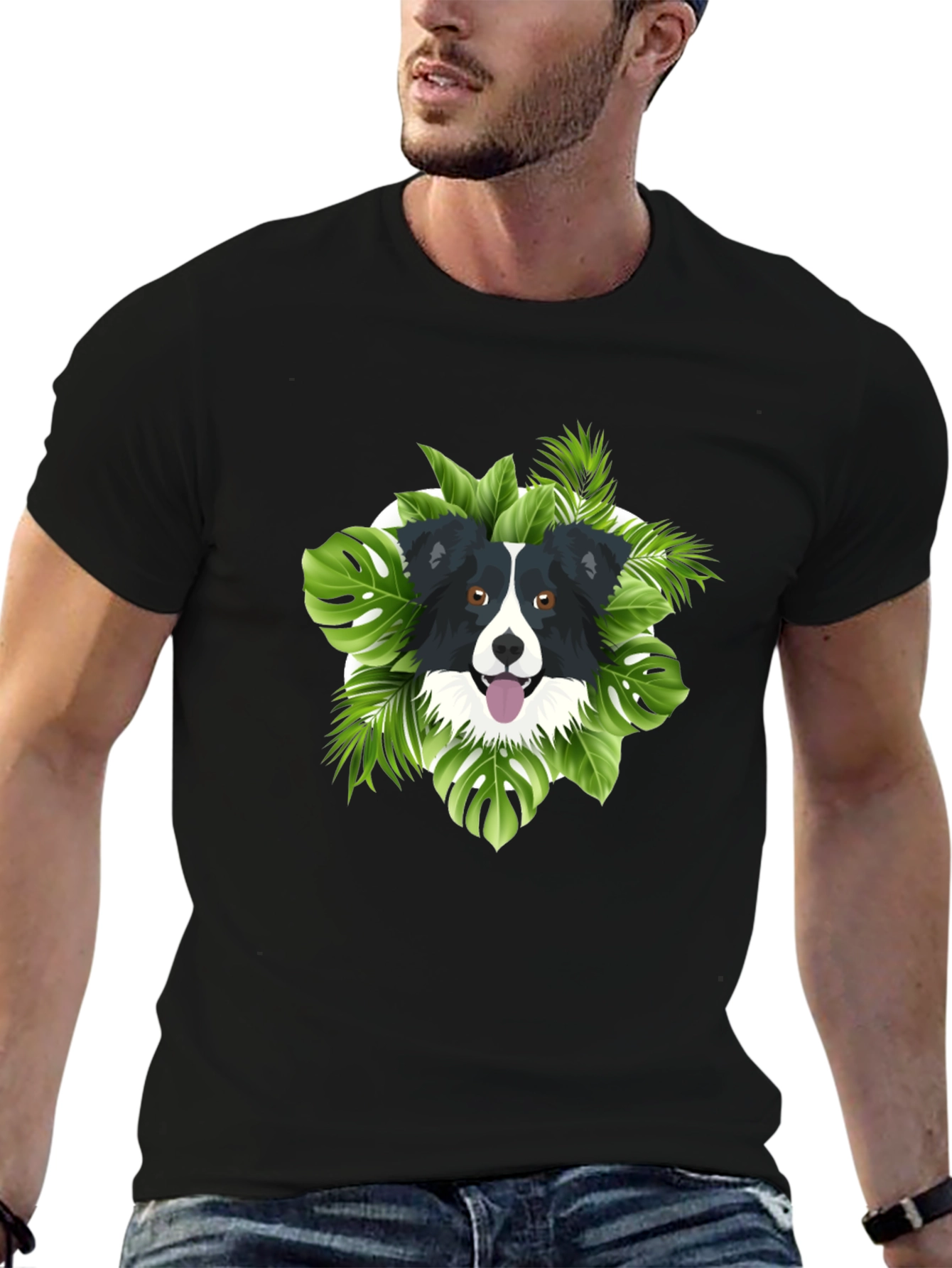 Dog & Tropical Leaves Graphic Tee - Black