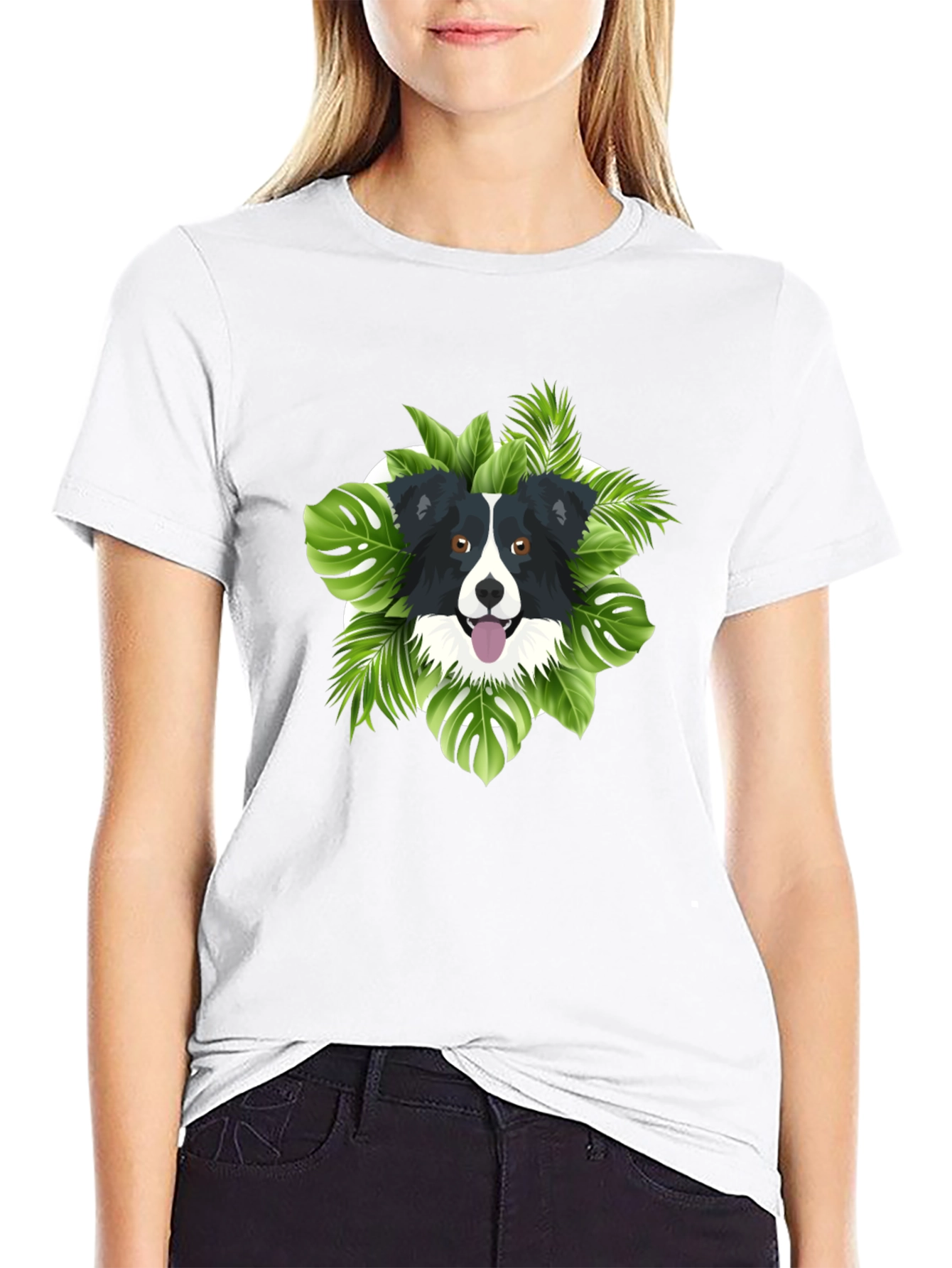 Dog & Tropical Leaves Graphic Tee - Black