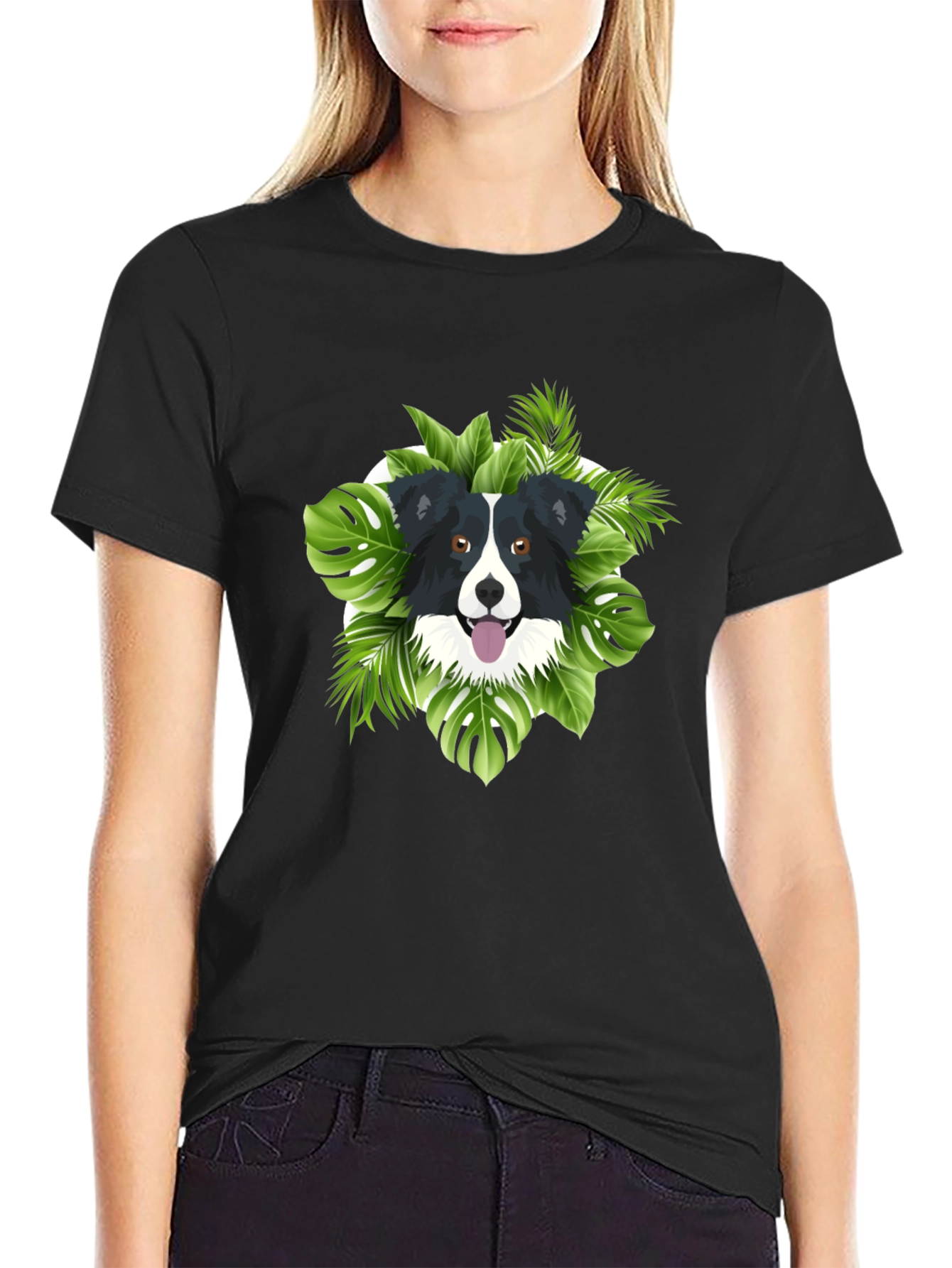 Dog & Tropical Leaves Graphic Tee - Black