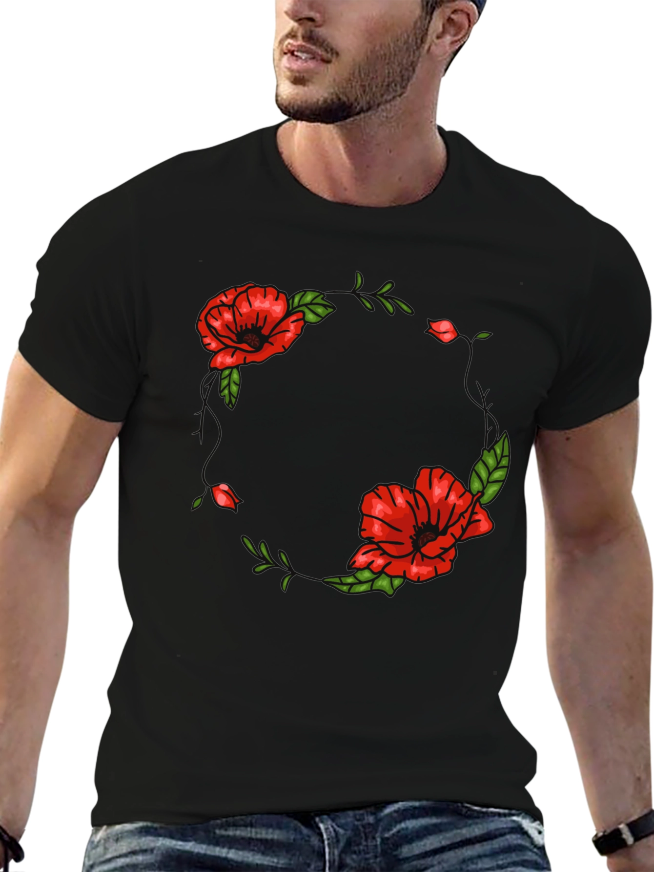 Floral Wreath Graphic Black T-Shirt