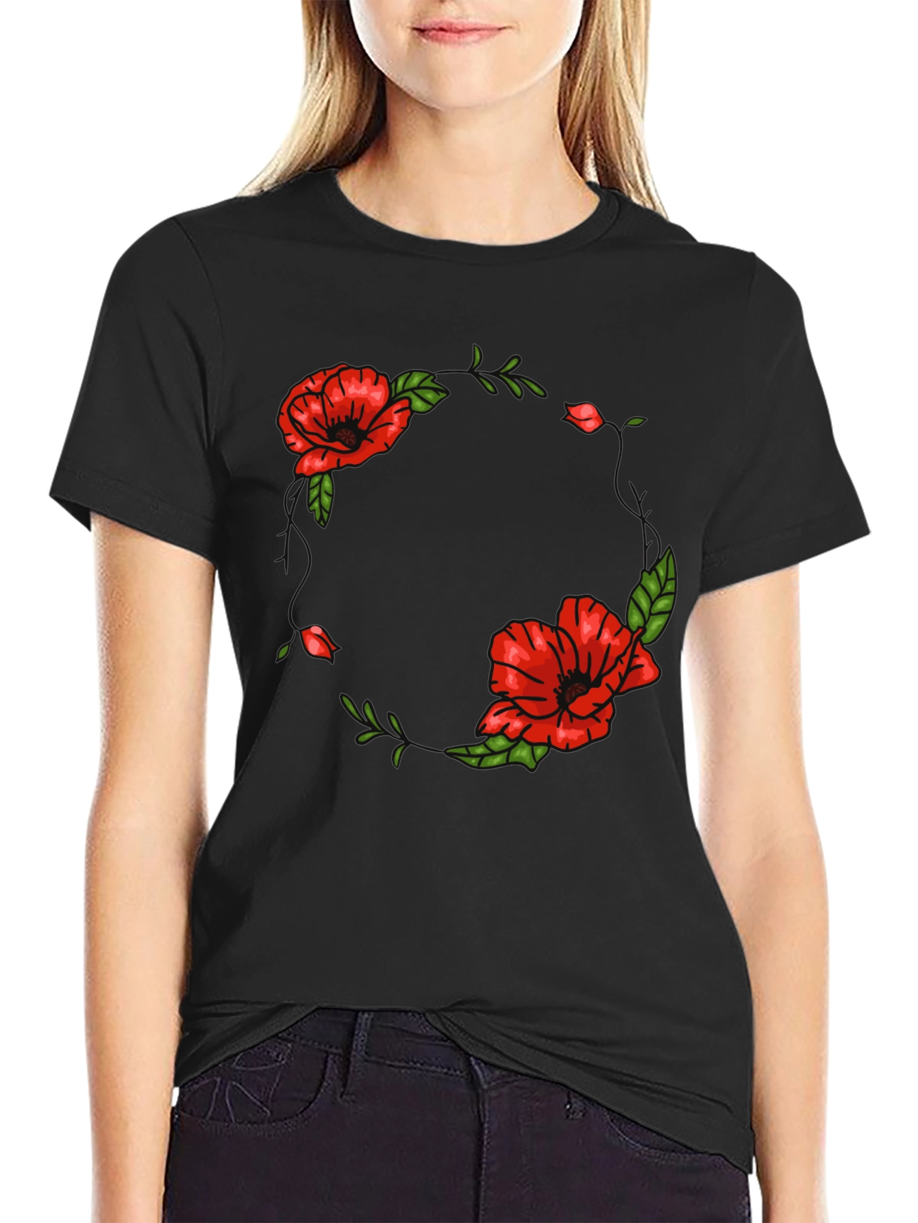 Floral Wreath Graphic Black T-Shirt