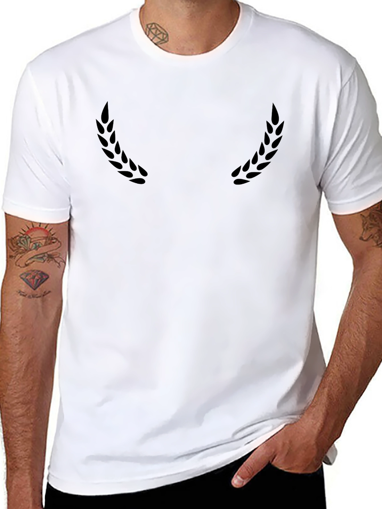 Stylish Black Crew Neck T-Shirt with Subtle Laurel Design
