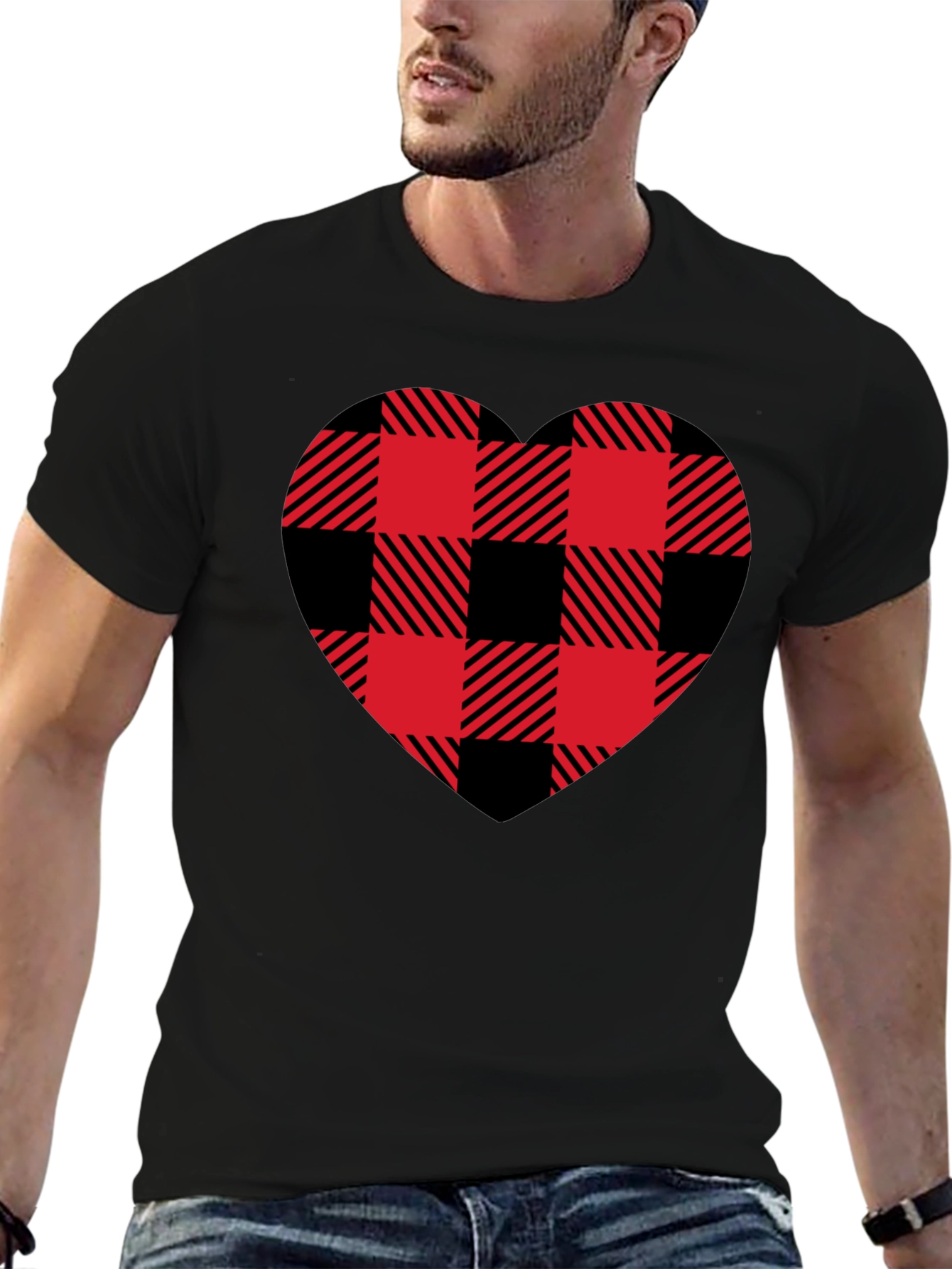 Red & Black Plaid Heart Graphic T-Shirt