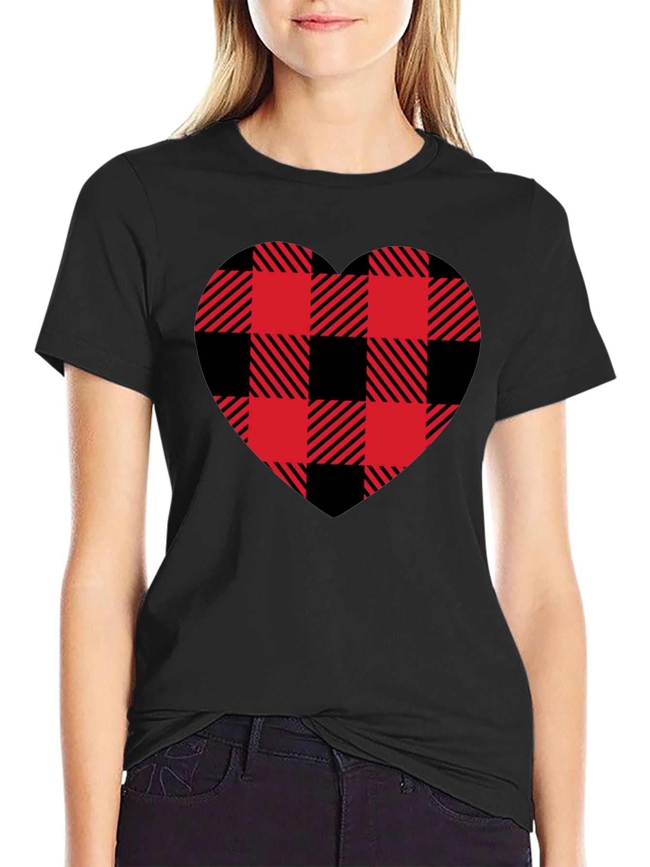 Red & Black Plaid Heart Graphic T-Shirt