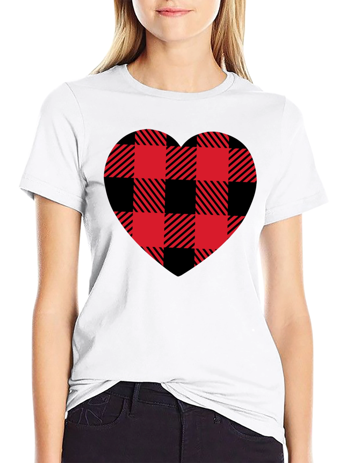 Red & Black Plaid Heart Graphic T-Shirt