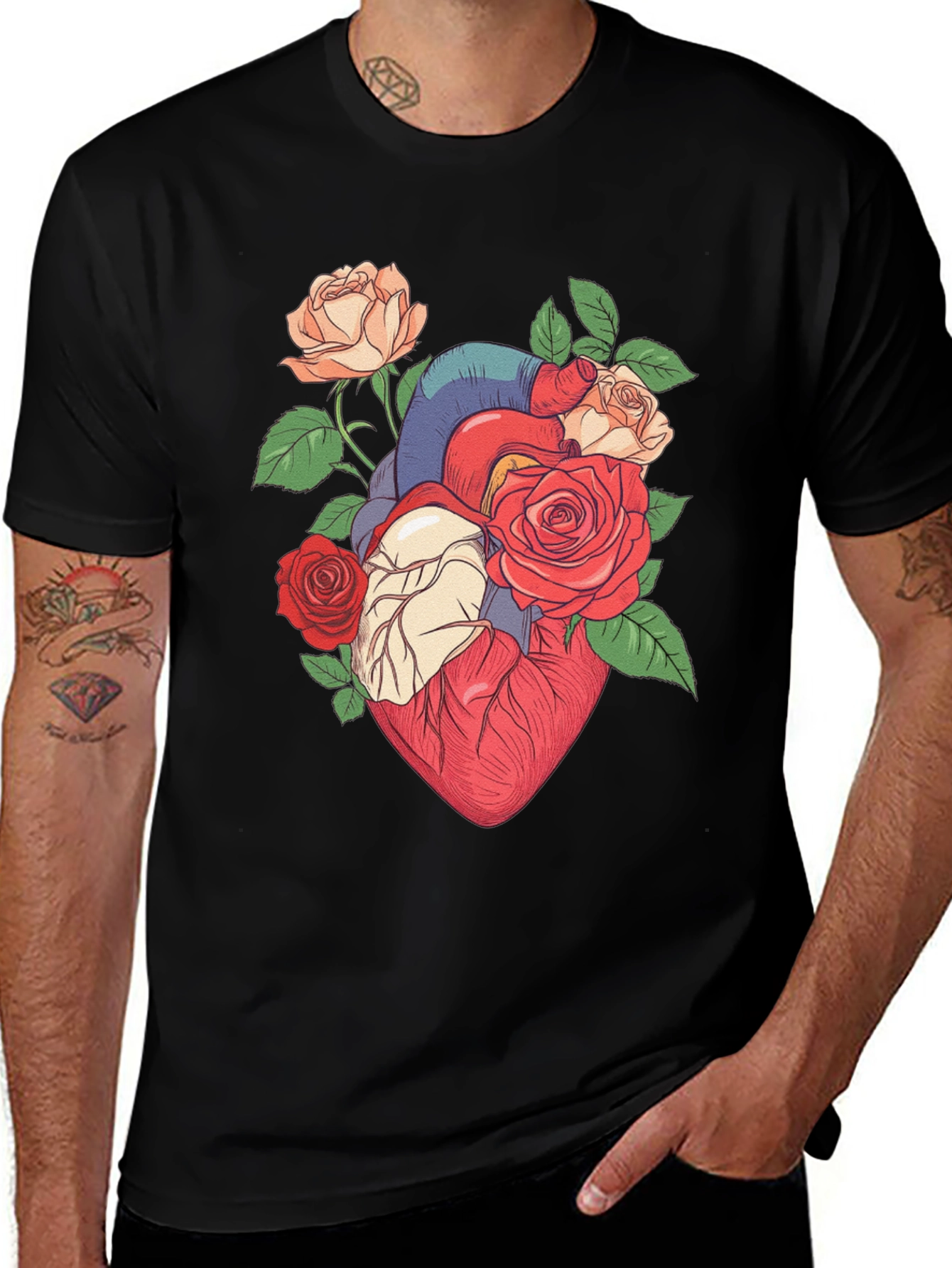 Floral Heart Print Black T-Shirt