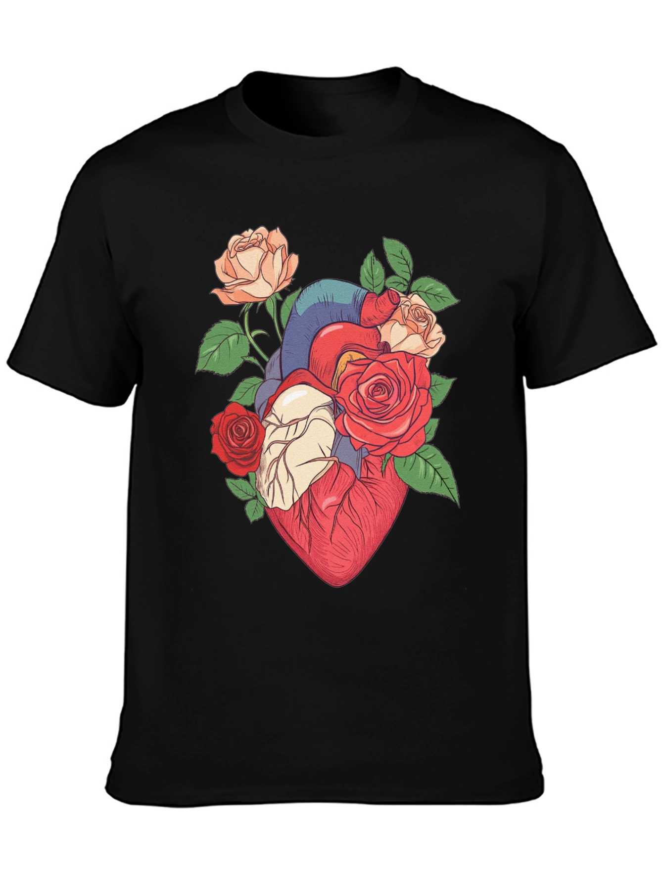 Floral Heart Print Black T-Shirt
