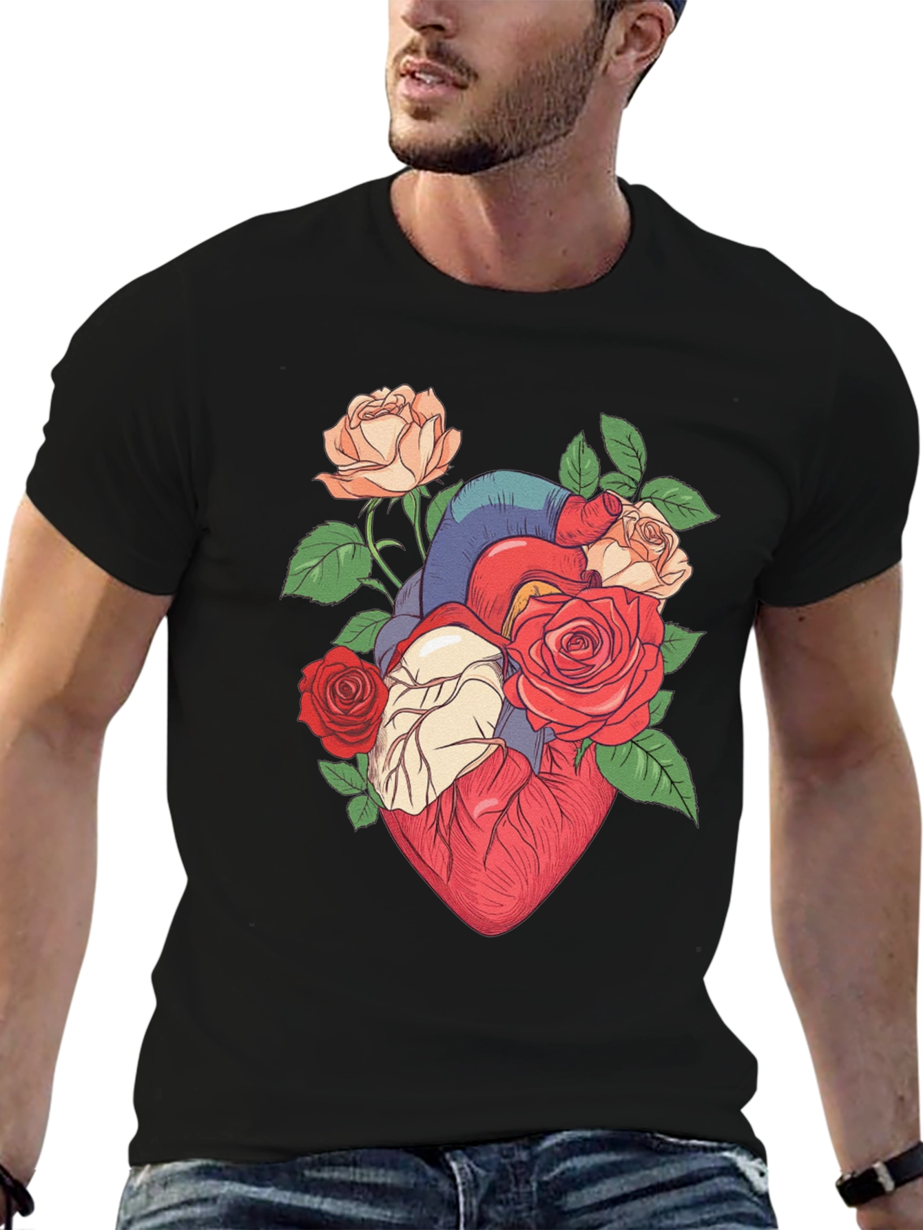 Floral Heart Print Black T-Shirt