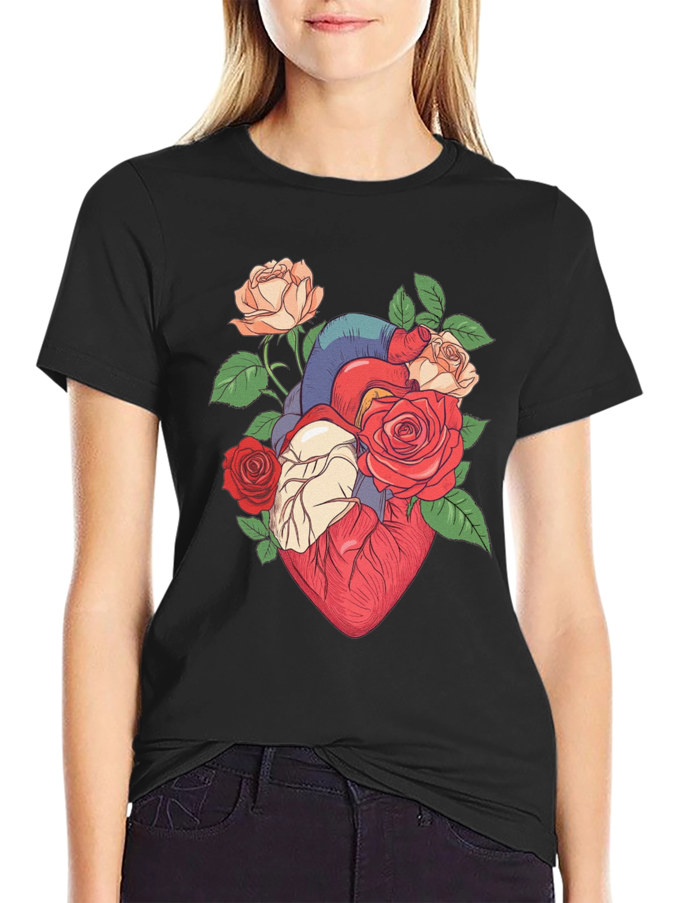 Floral Heart Print Black T-Shirt