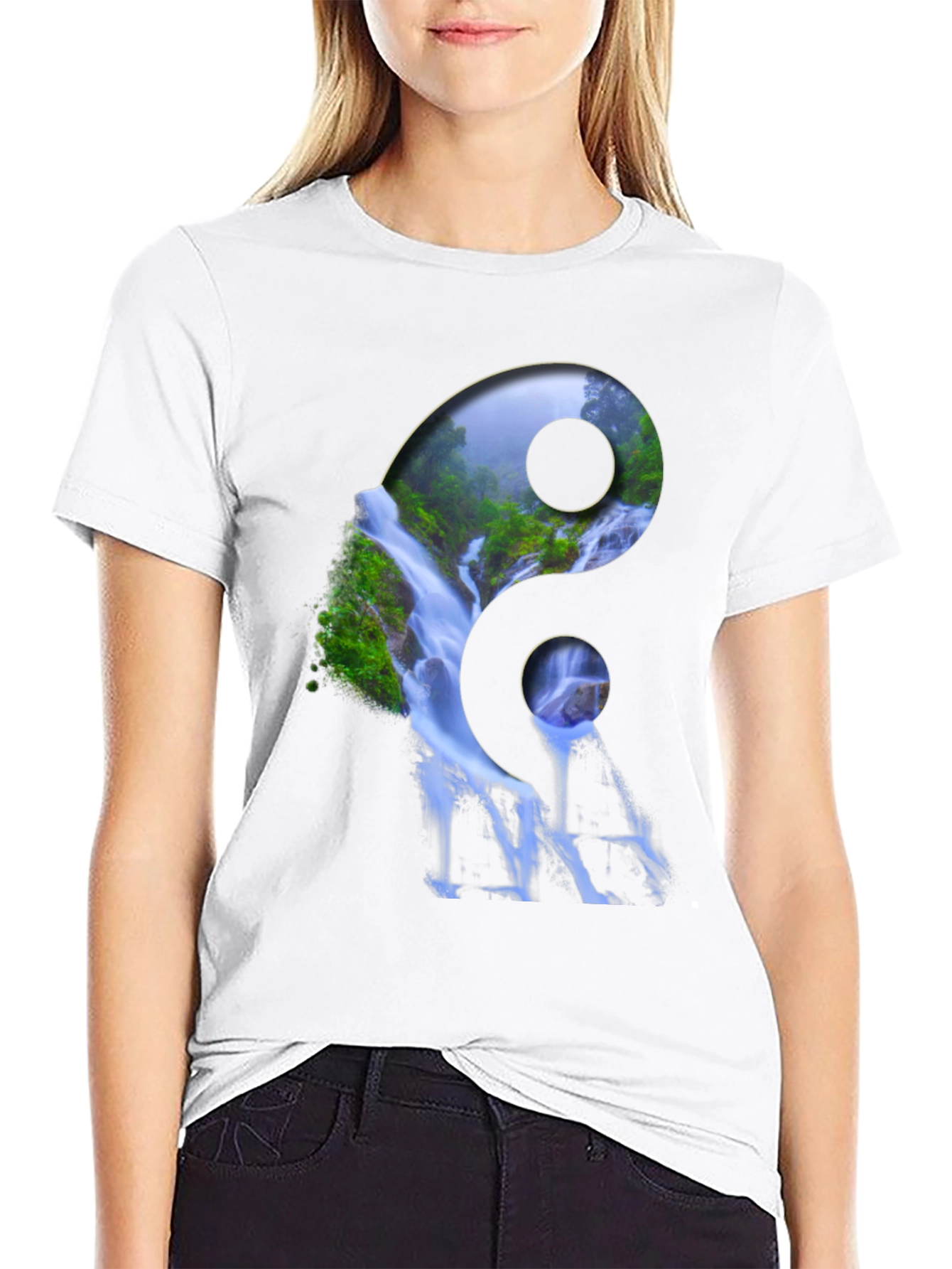 Yin Yang Waterfall Graphic Tee - Nature Inspired Design