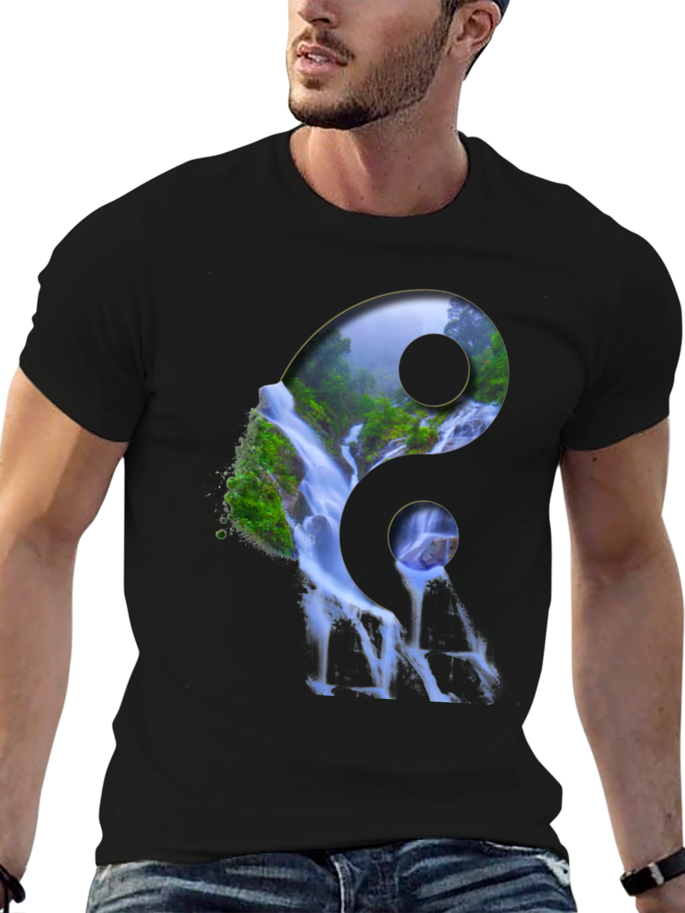 Yin Yang Waterfall Graphic Tee - Nature Inspired Design