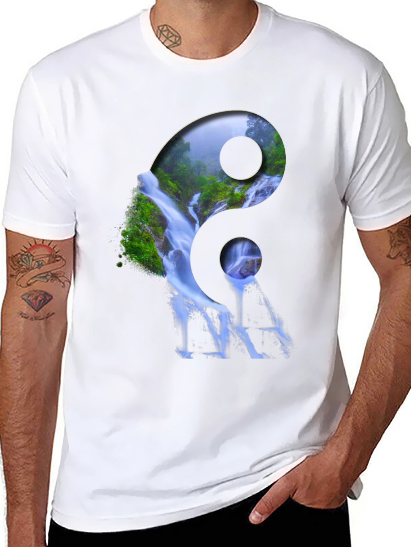 Yin Yang Waterfall Graphic Tee - Nature Inspired Design
