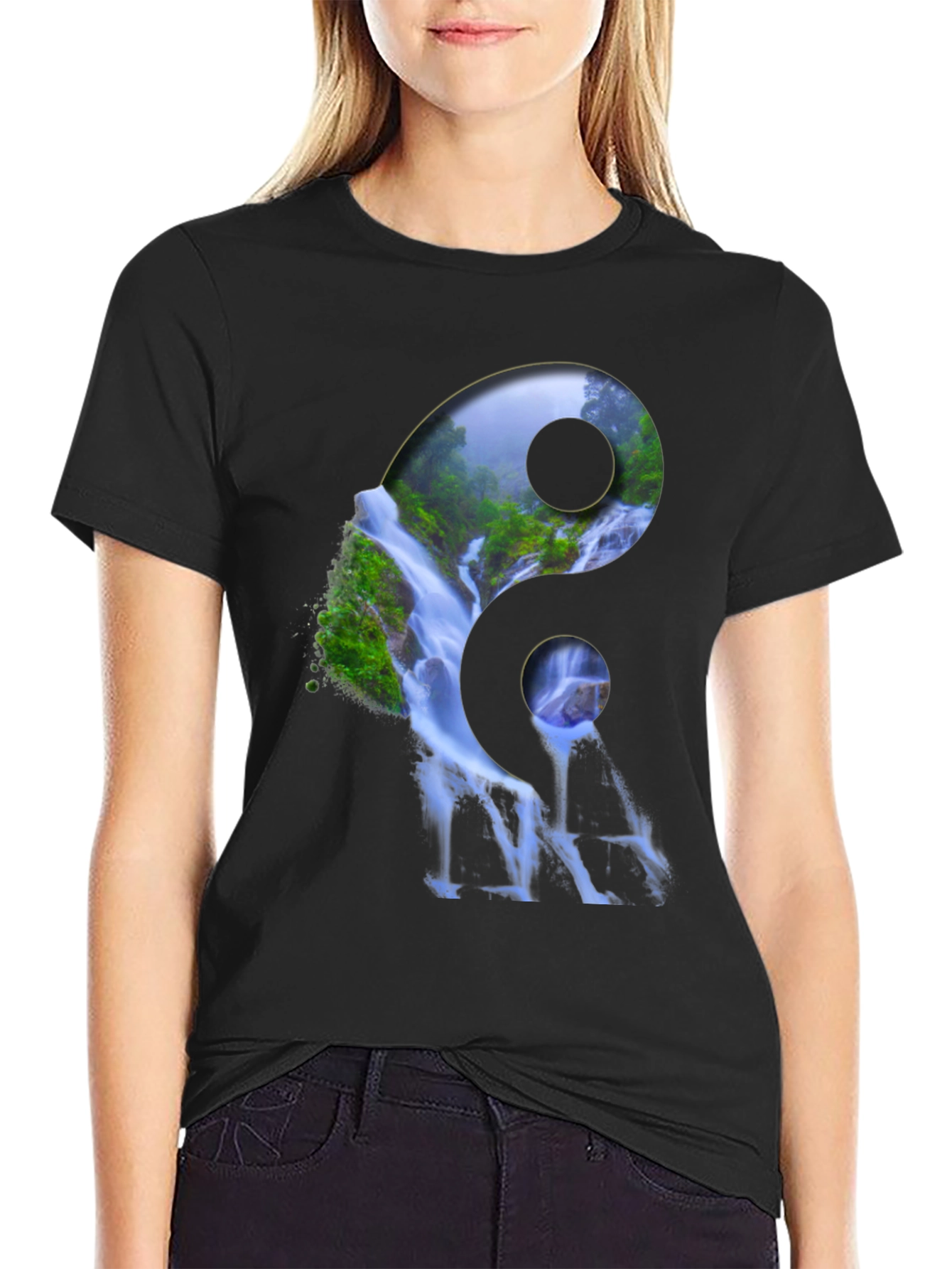 Yin Yang Waterfall Graphic Tee - Nature Inspired Design