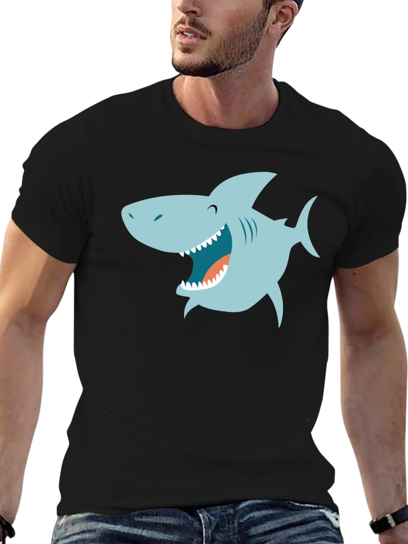 Cartoon Shark Graphic Black T-Shirt