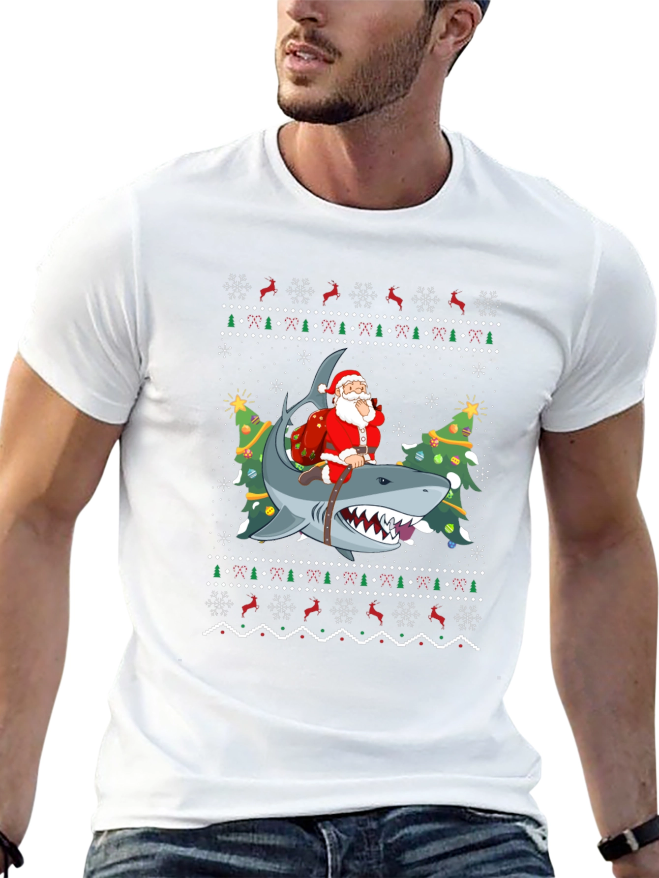 Santa Riding Shark Ugly Christmas Sweater T-Shirt