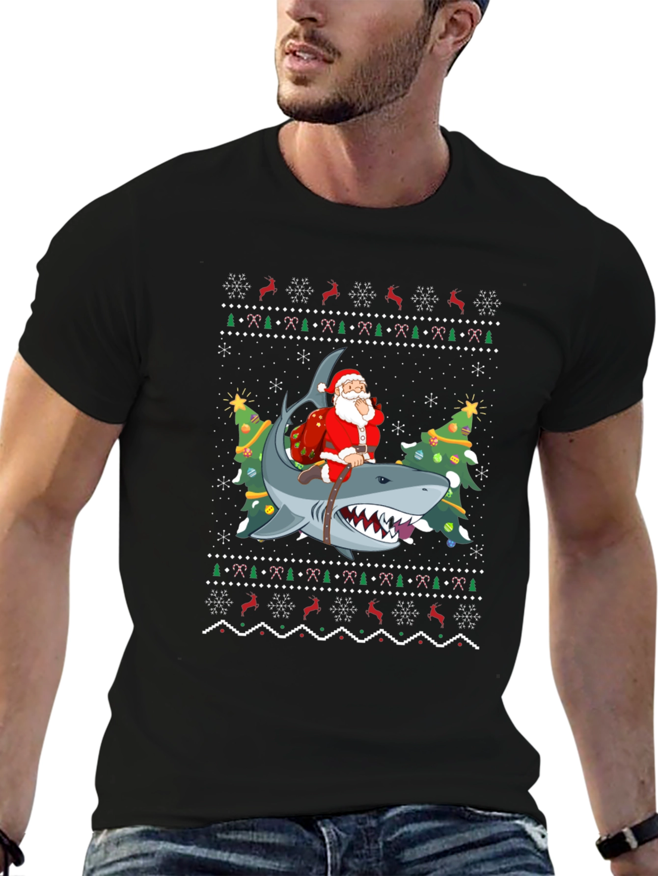Santa Riding Shark Ugly Christmas Sweater T-Shirt