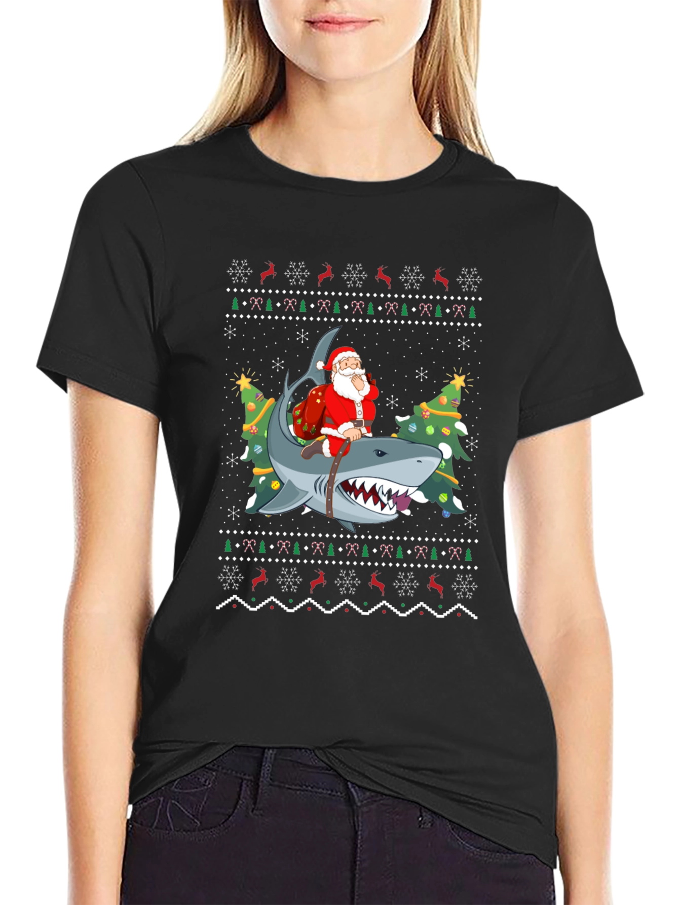Santa Riding Shark Ugly Christmas Sweater T-Shirt