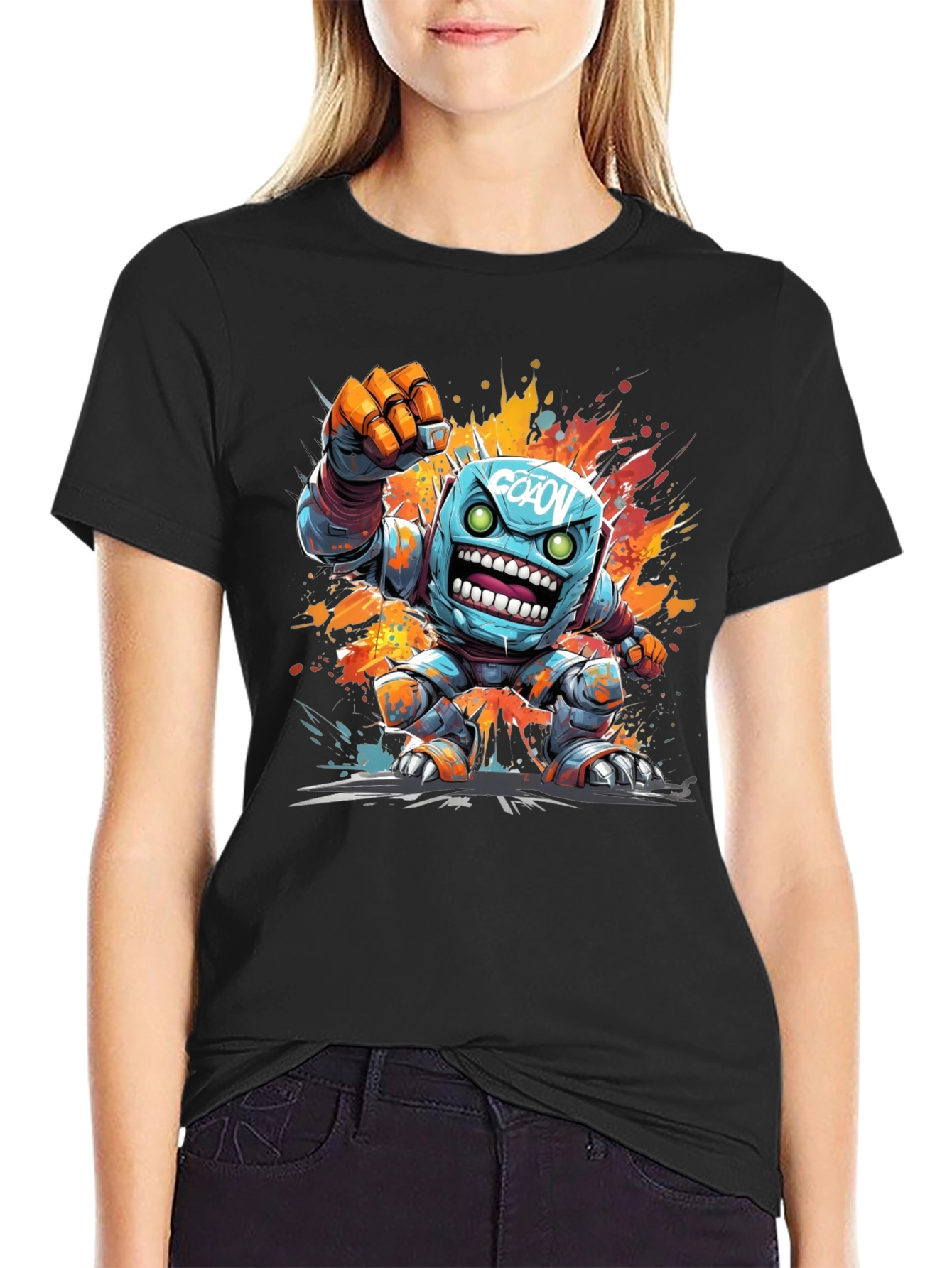 Cartoon Robot Graphic Tee - Black