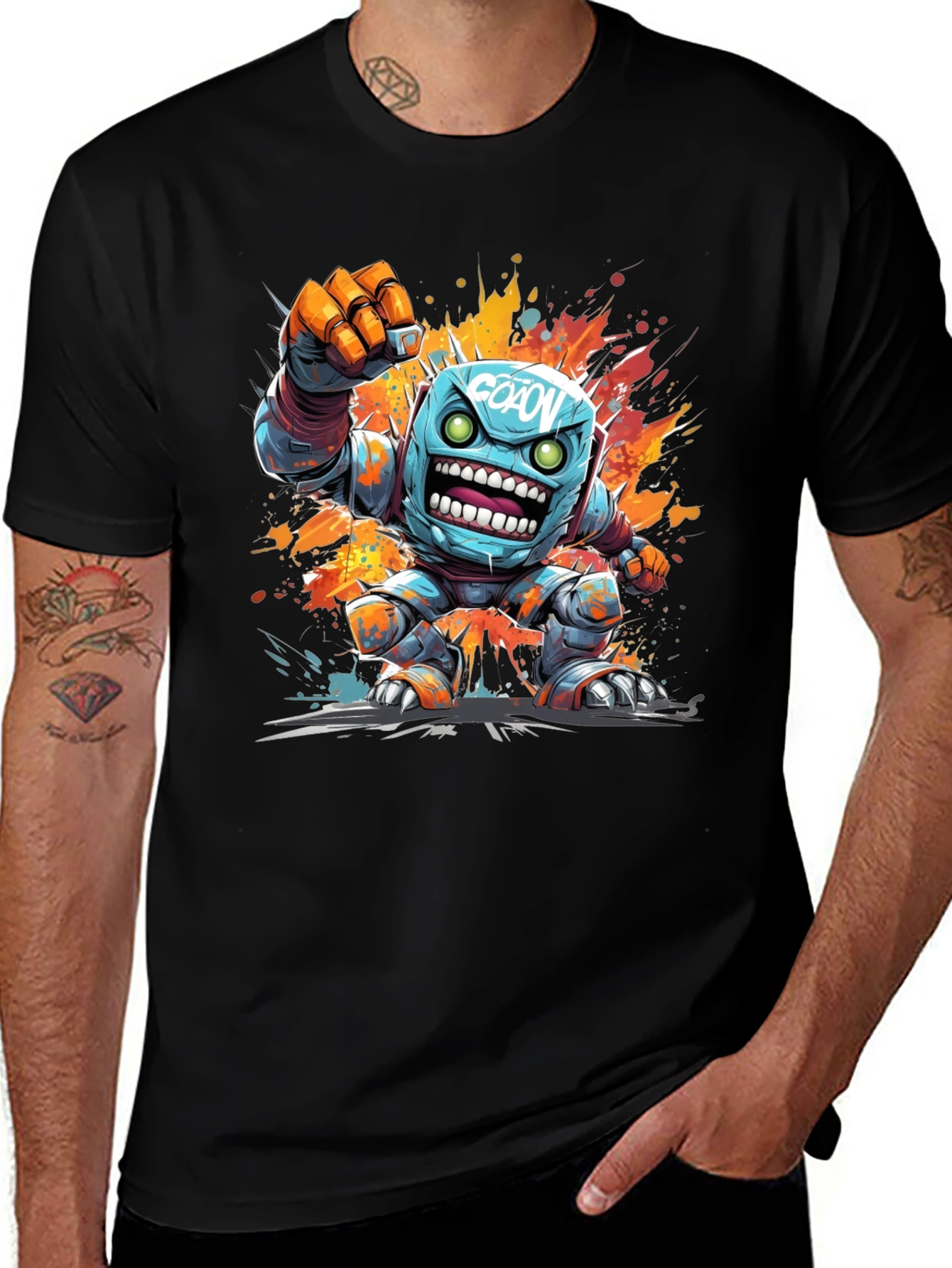 Cartoon Robot Graphic Tee - Black