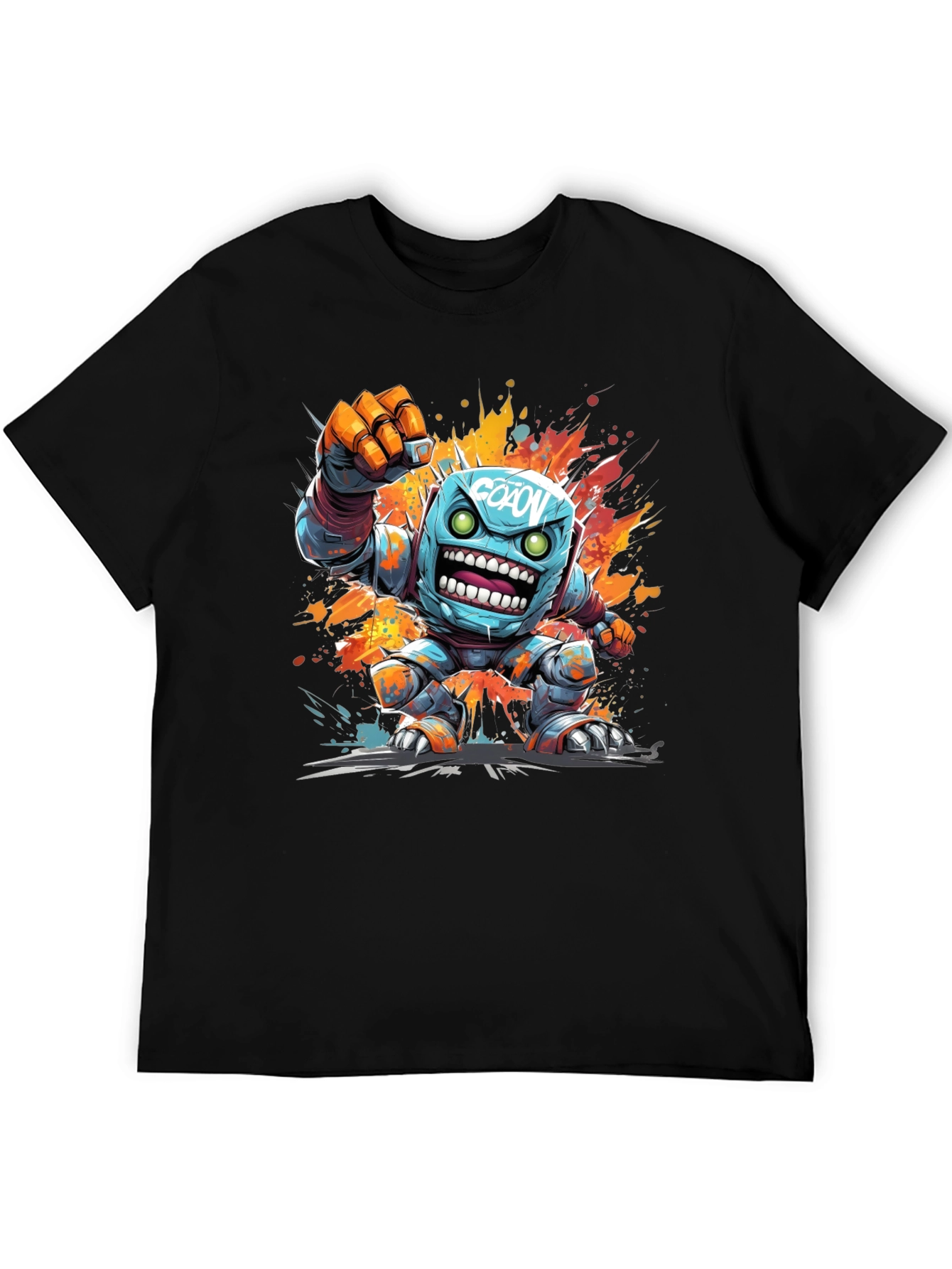 Cartoon Robot Graphic Tee - Black