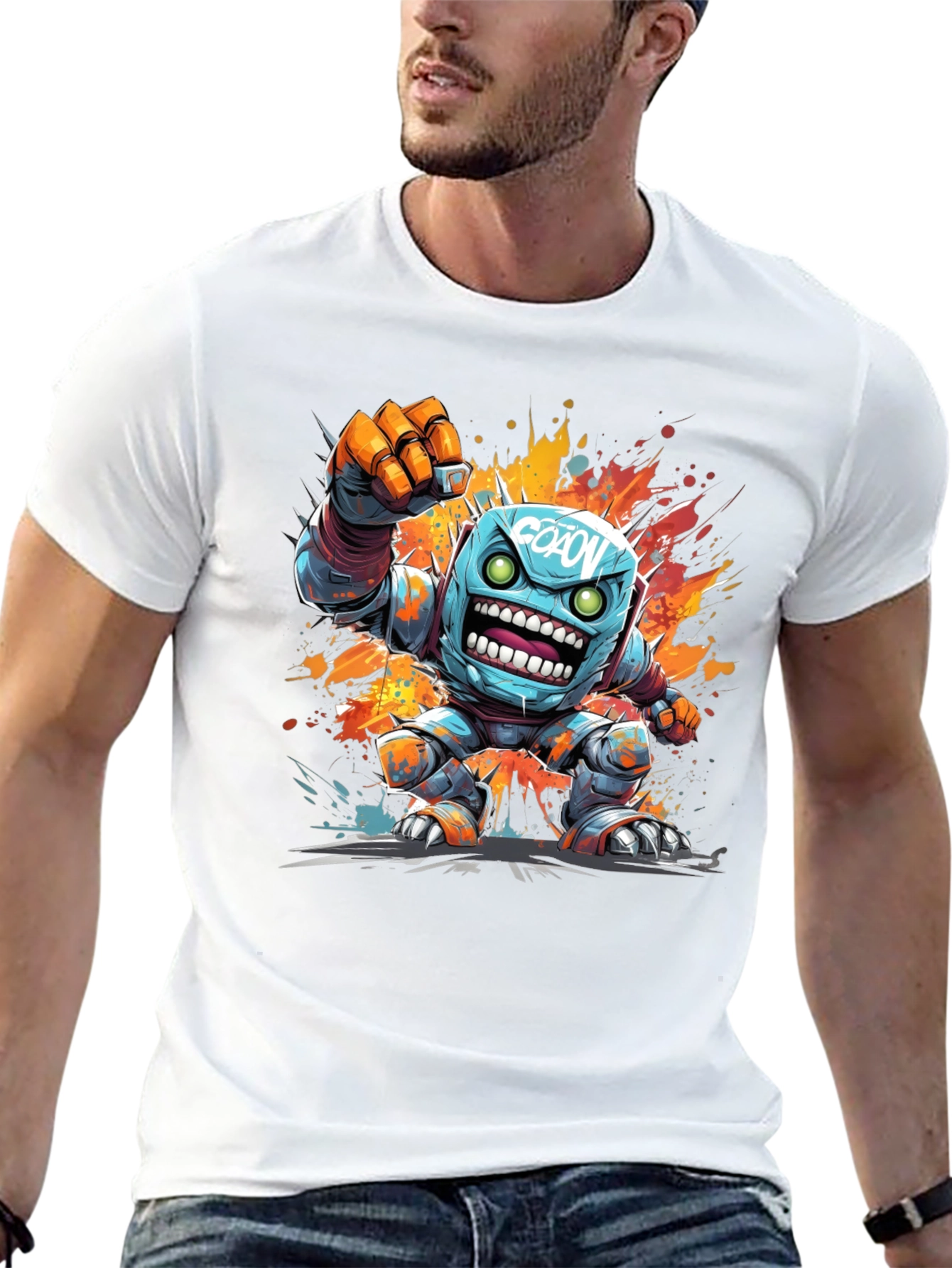 Cartoon Robot Graphic Tee - Black