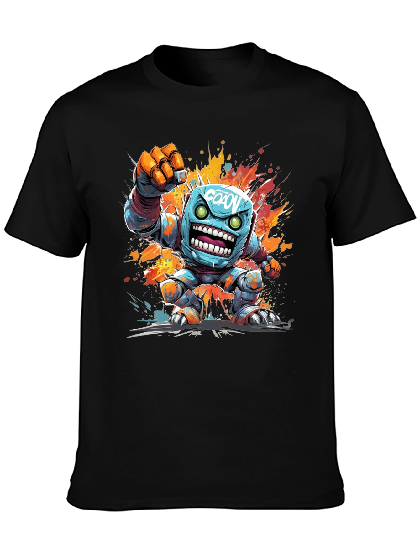 Cartoon Robot Graphic Tee - Black