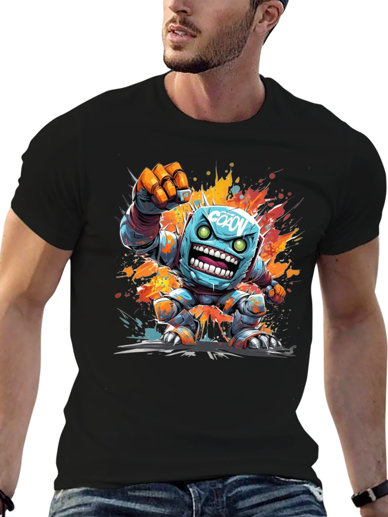 Cartoon Robot Graphic Tee - Black