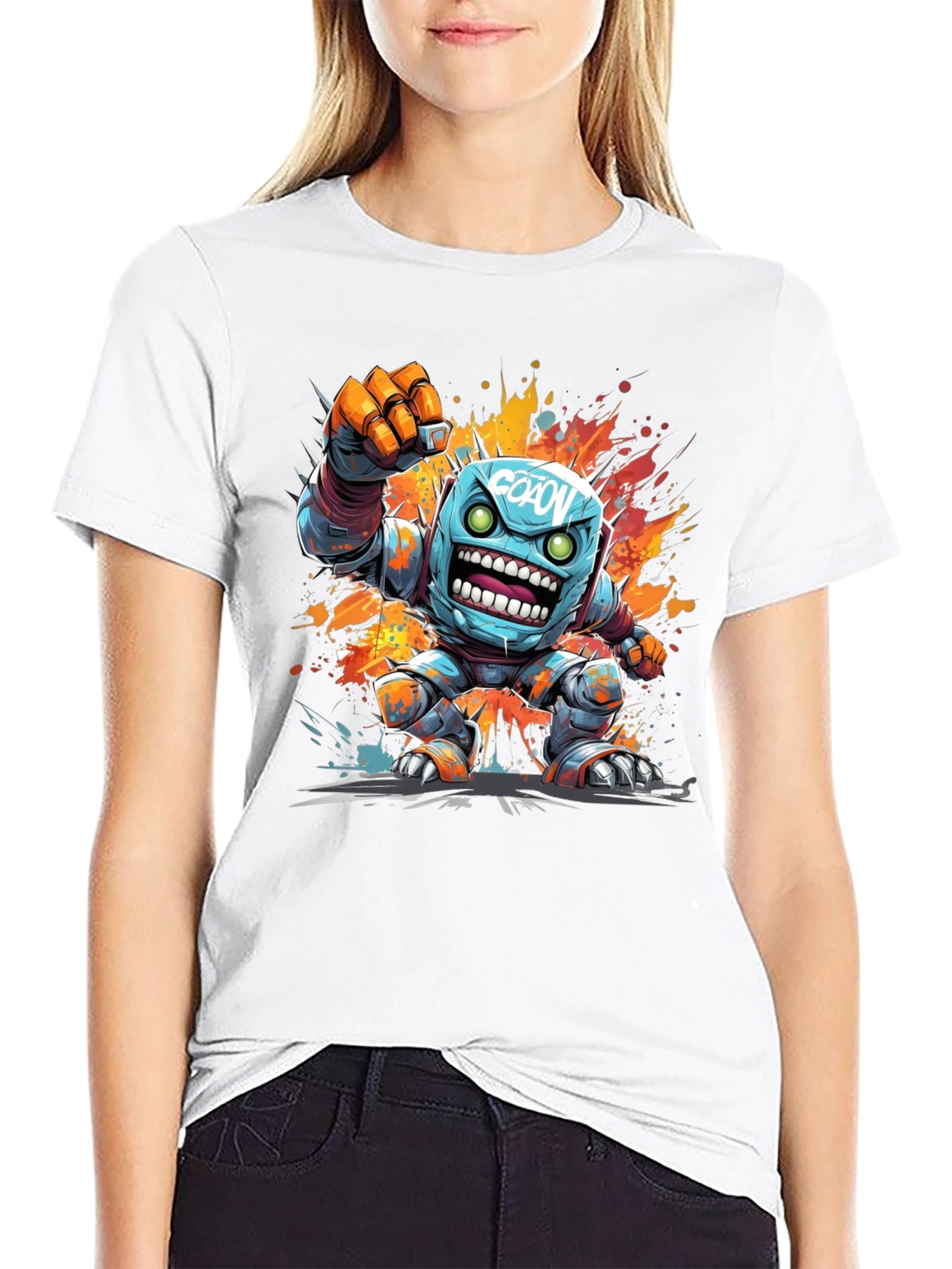 Cartoon Robot Graphic Tee - Black