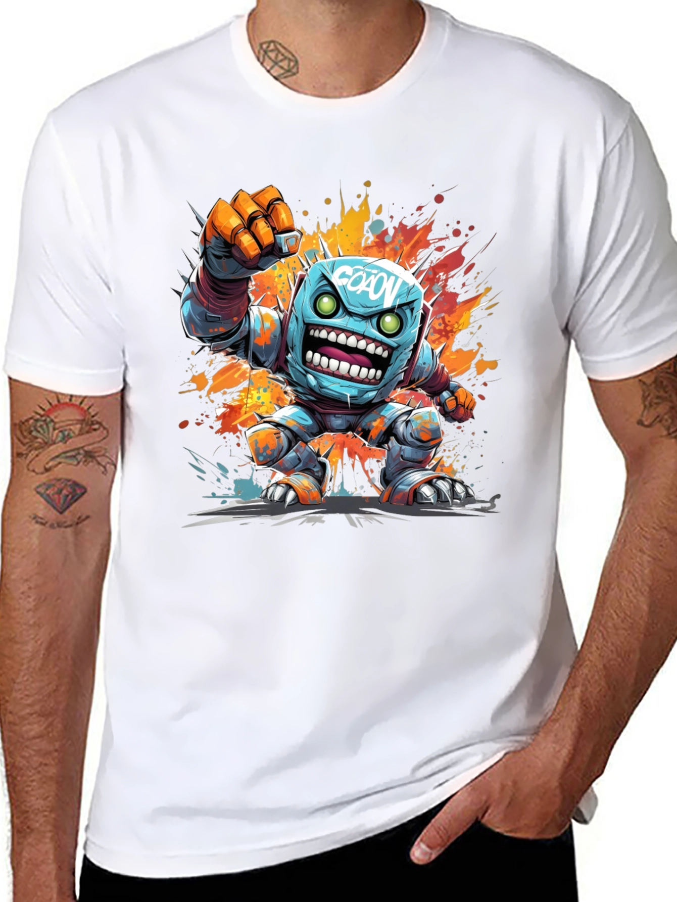 Cartoon Robot Graphic Tee - Black