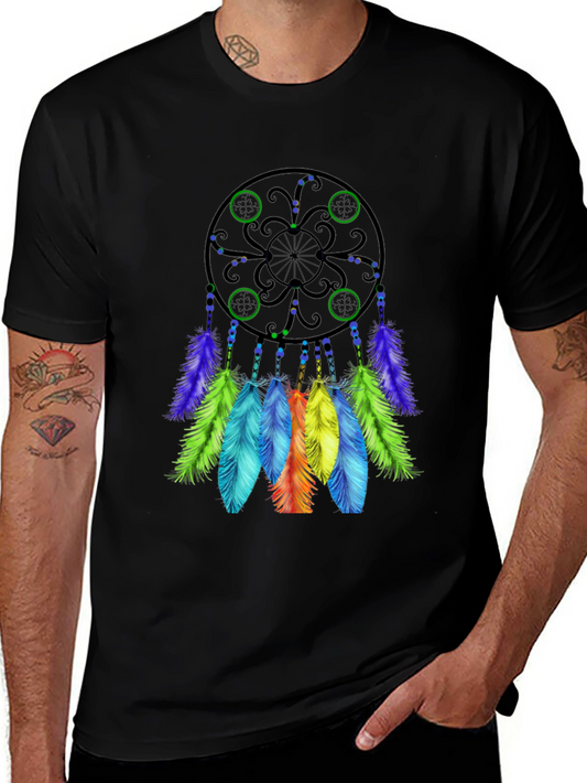 Dreamcatcher T-Shirt - Black Cotton Tee with Colorful Feather Design