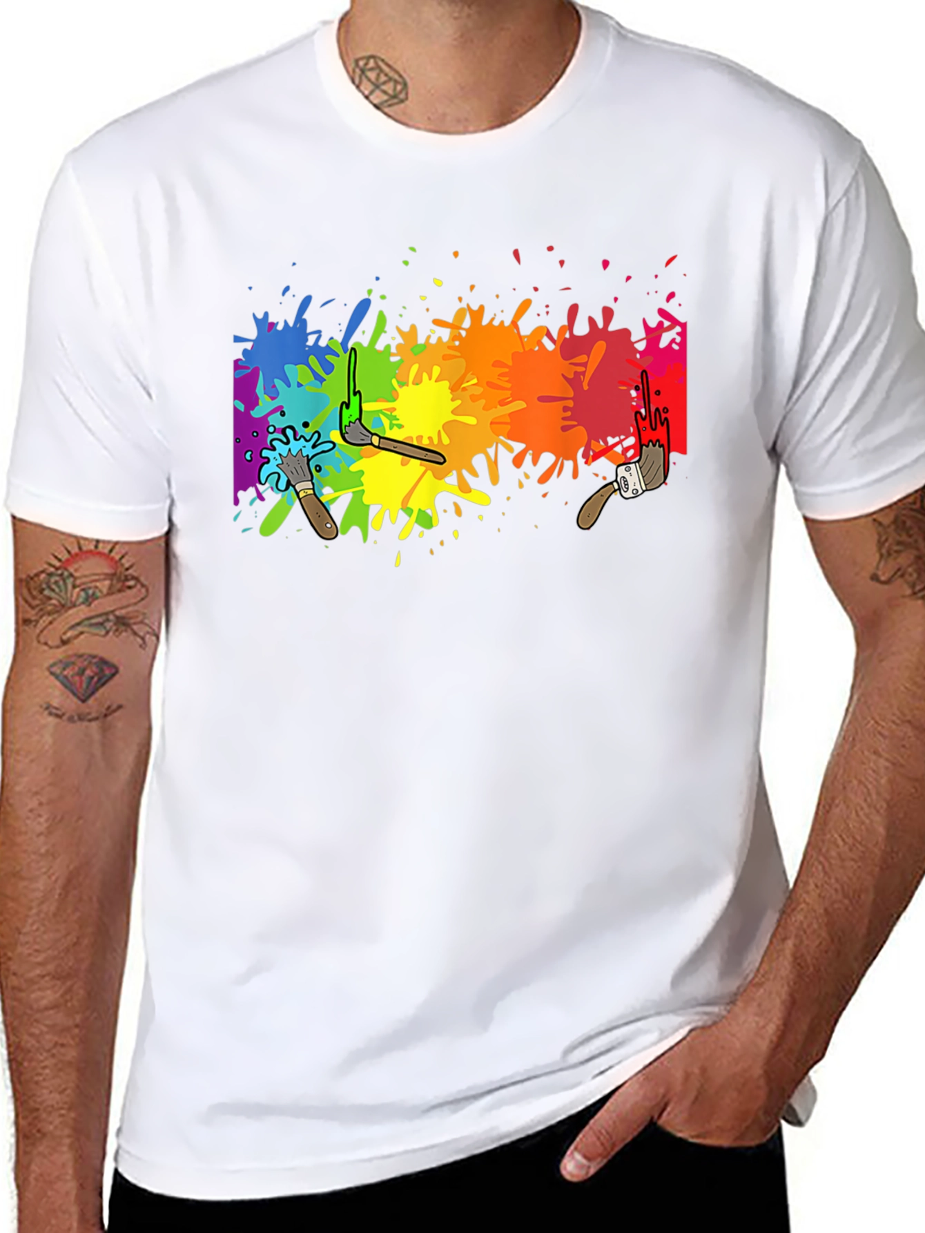 Rainbow Paint Splatter Graphic Tee - Artistic Black T-Shirt