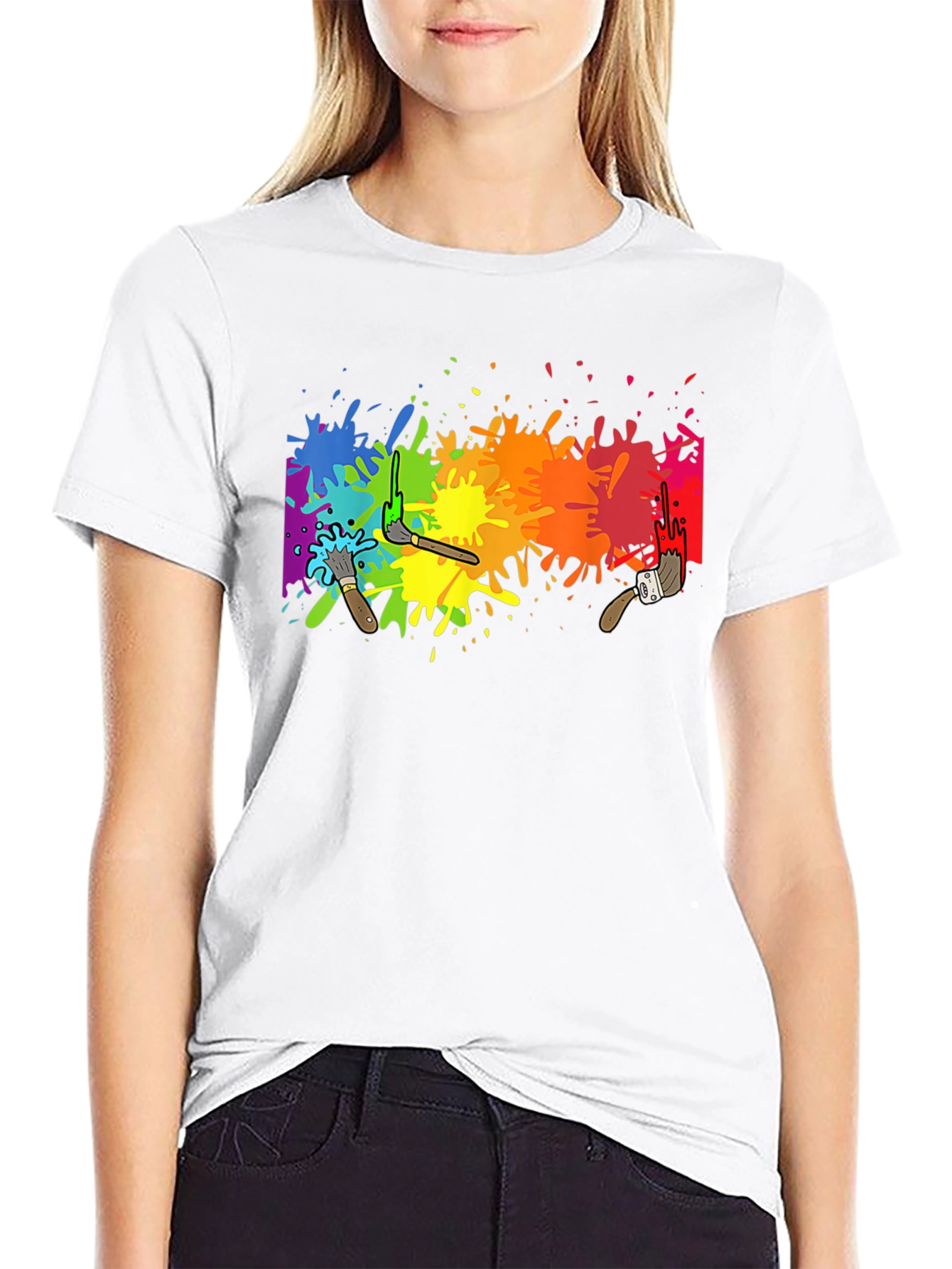 Rainbow Paint Splatter Graphic Tee - Artistic Black T-Shirt