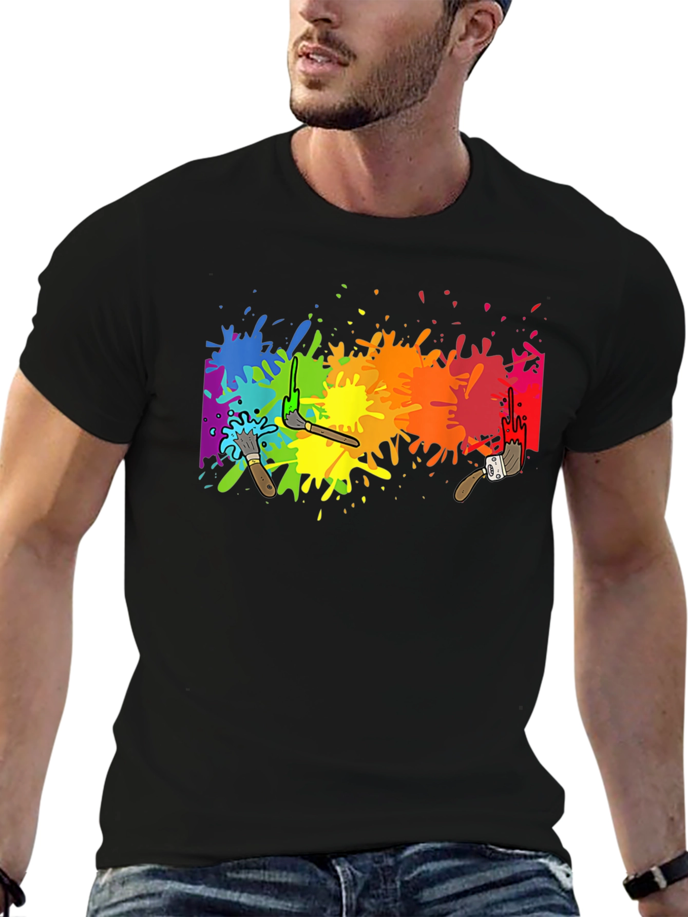 Rainbow Paint Splatter Graphic Tee - Artistic Black T-Shirt