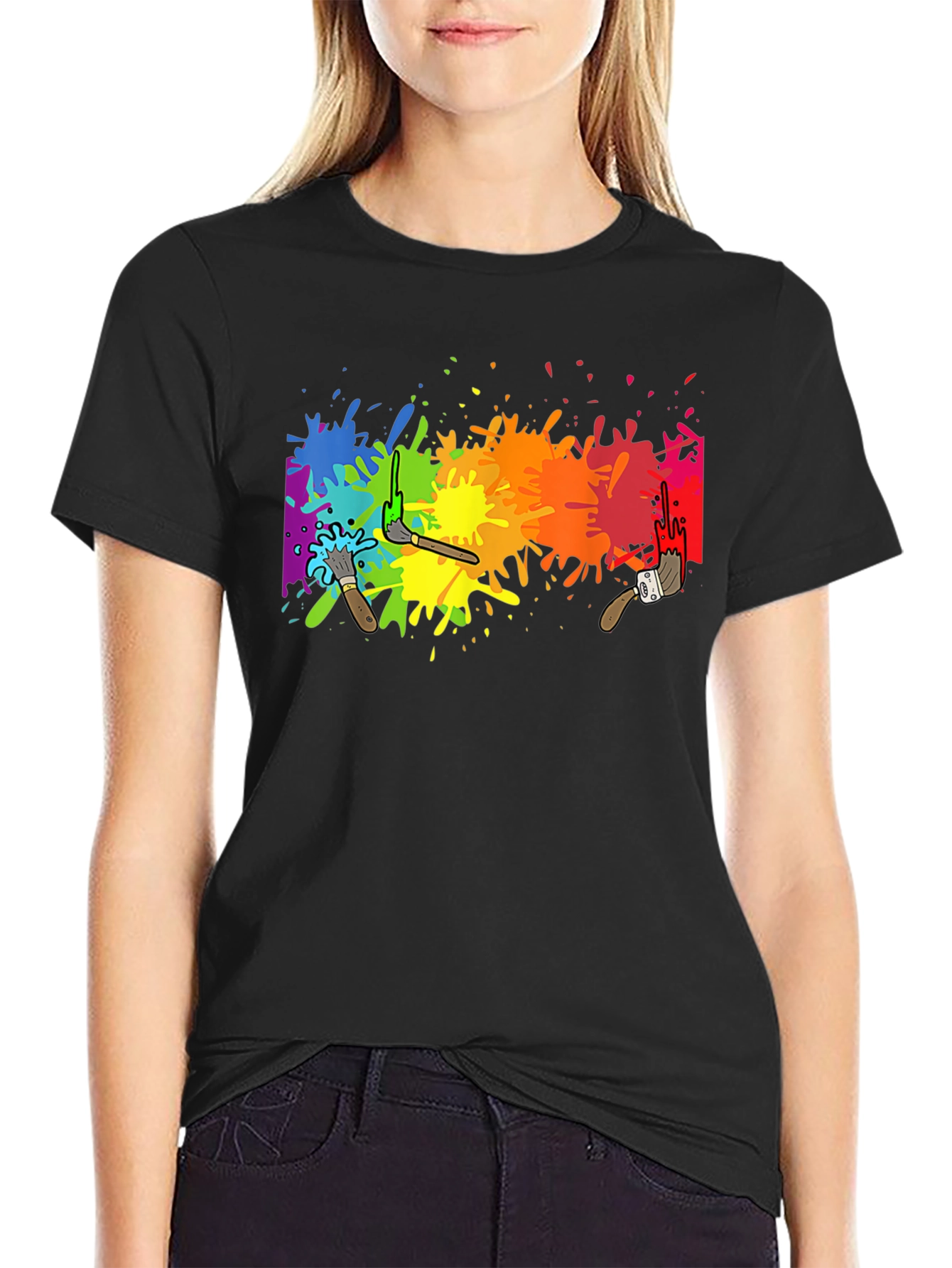 Rainbow Paint Splatter Graphic Tee - Artistic Black T-Shirt