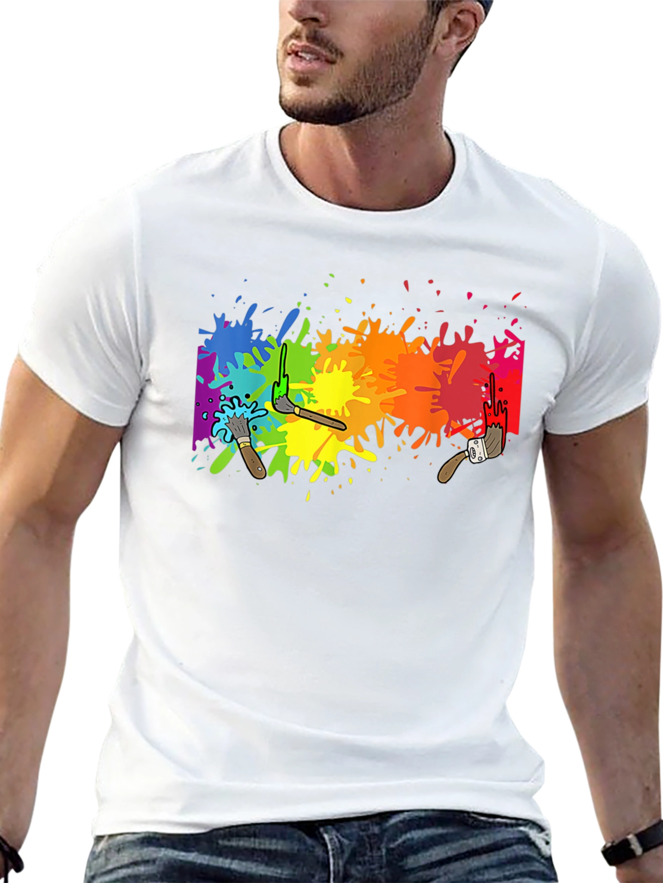 Rainbow Paint Splatter Graphic Tee - Artistic Black T-Shirt