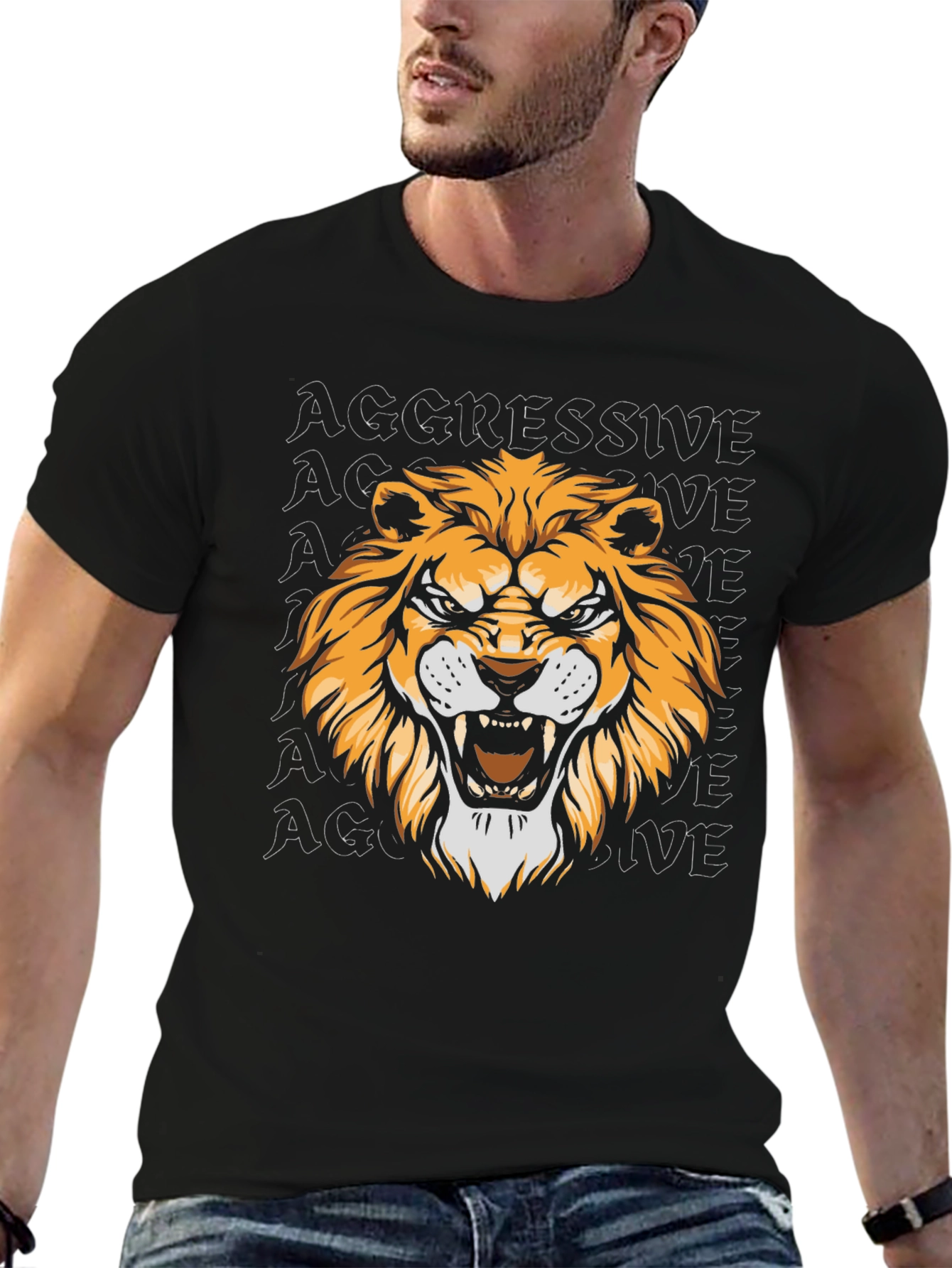 Aggressive Lion Graphic Tee - Black
