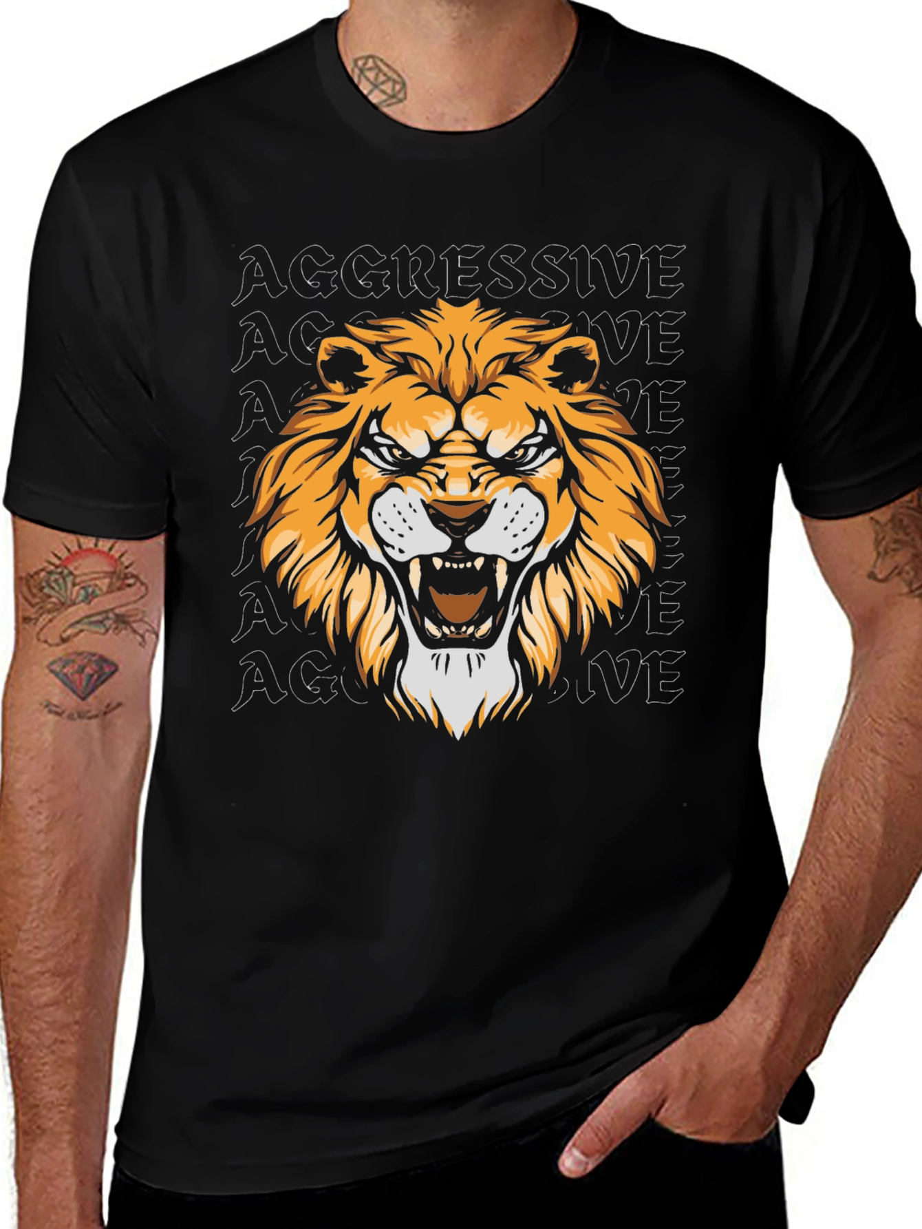 Aggressive Lion Graphic Tee - Black