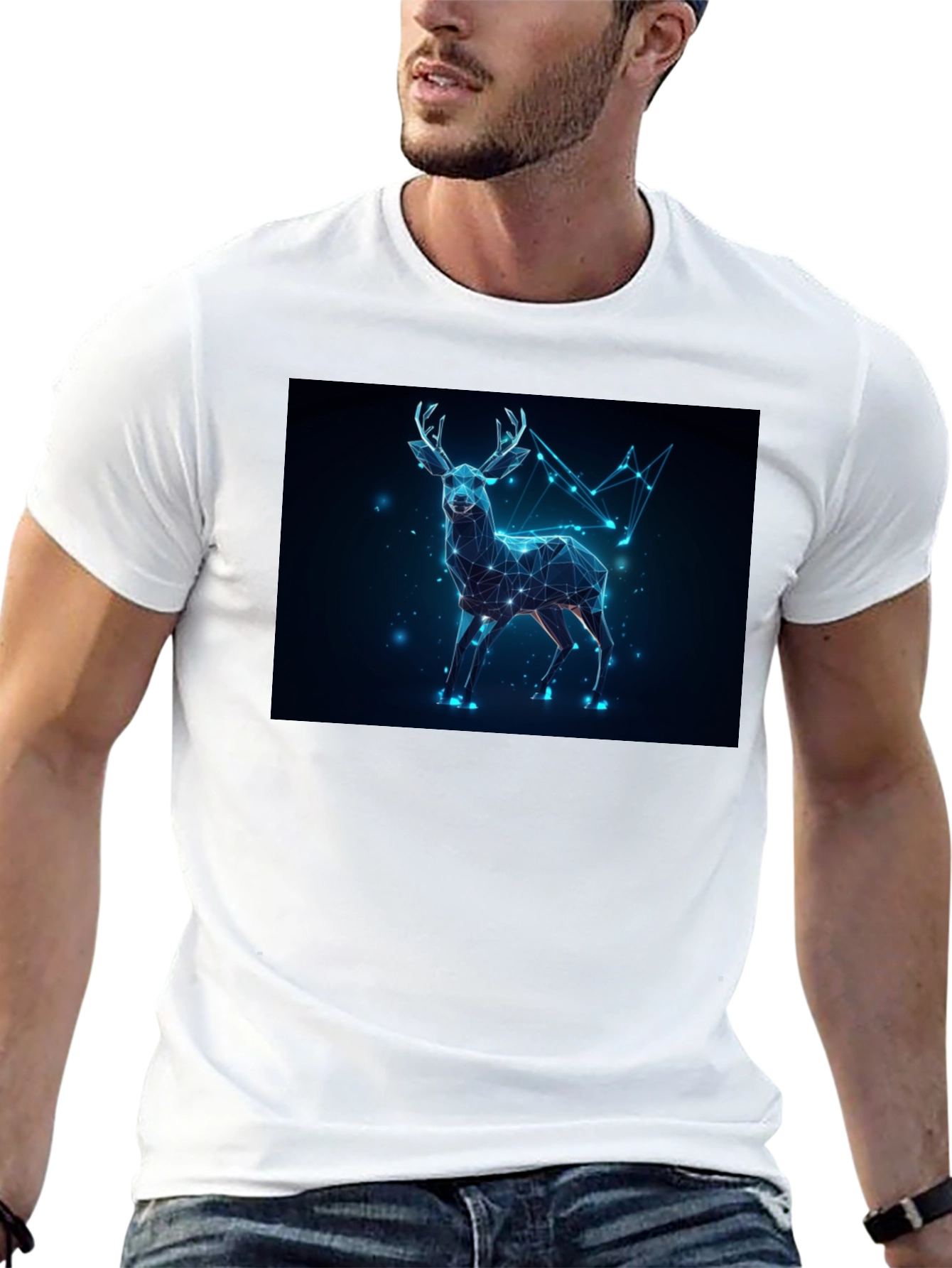 Geometric Deer Graphic Tee - Black Crew Neck