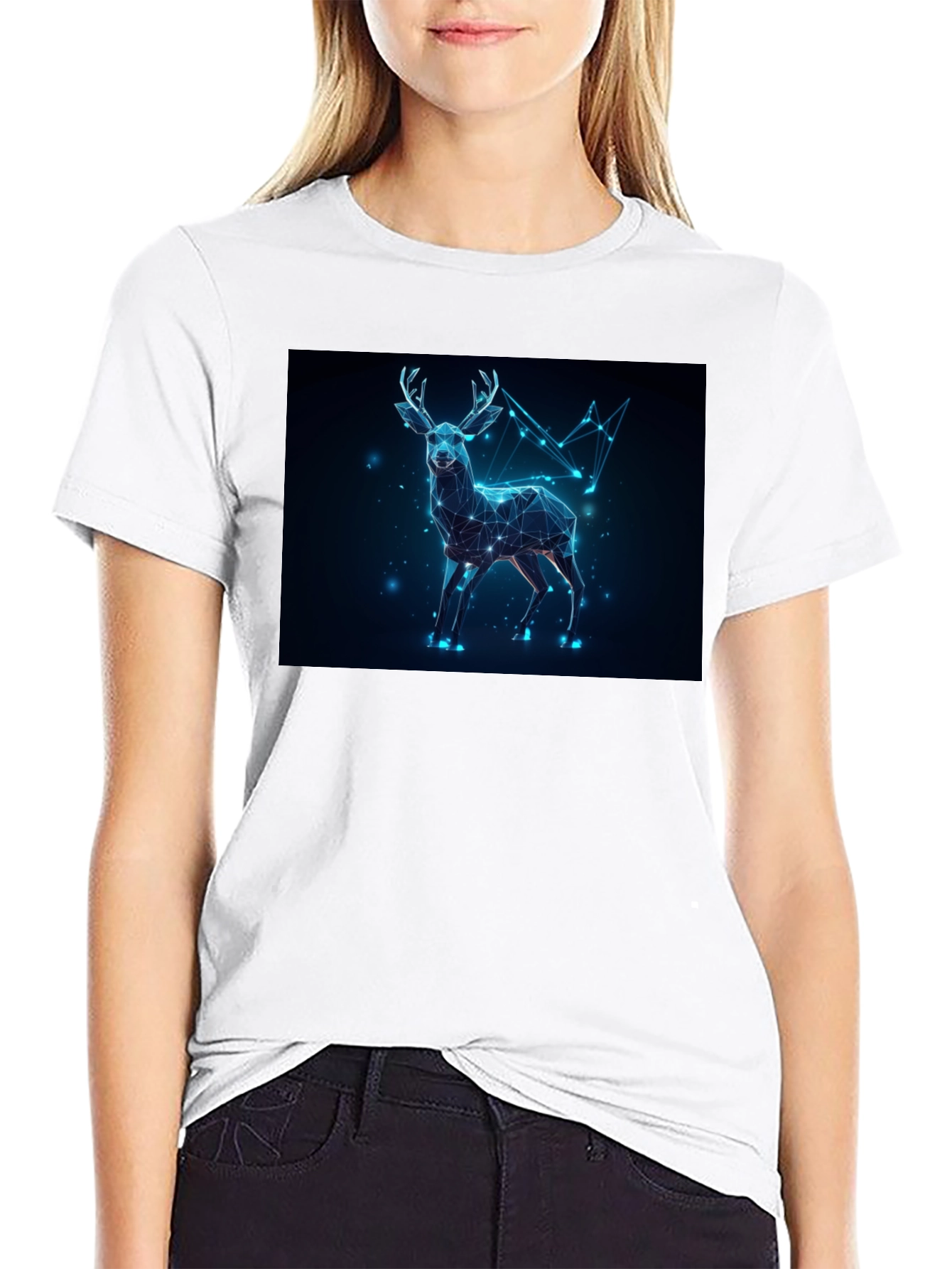 Geometric Deer Graphic Tee - Black Crew Neck