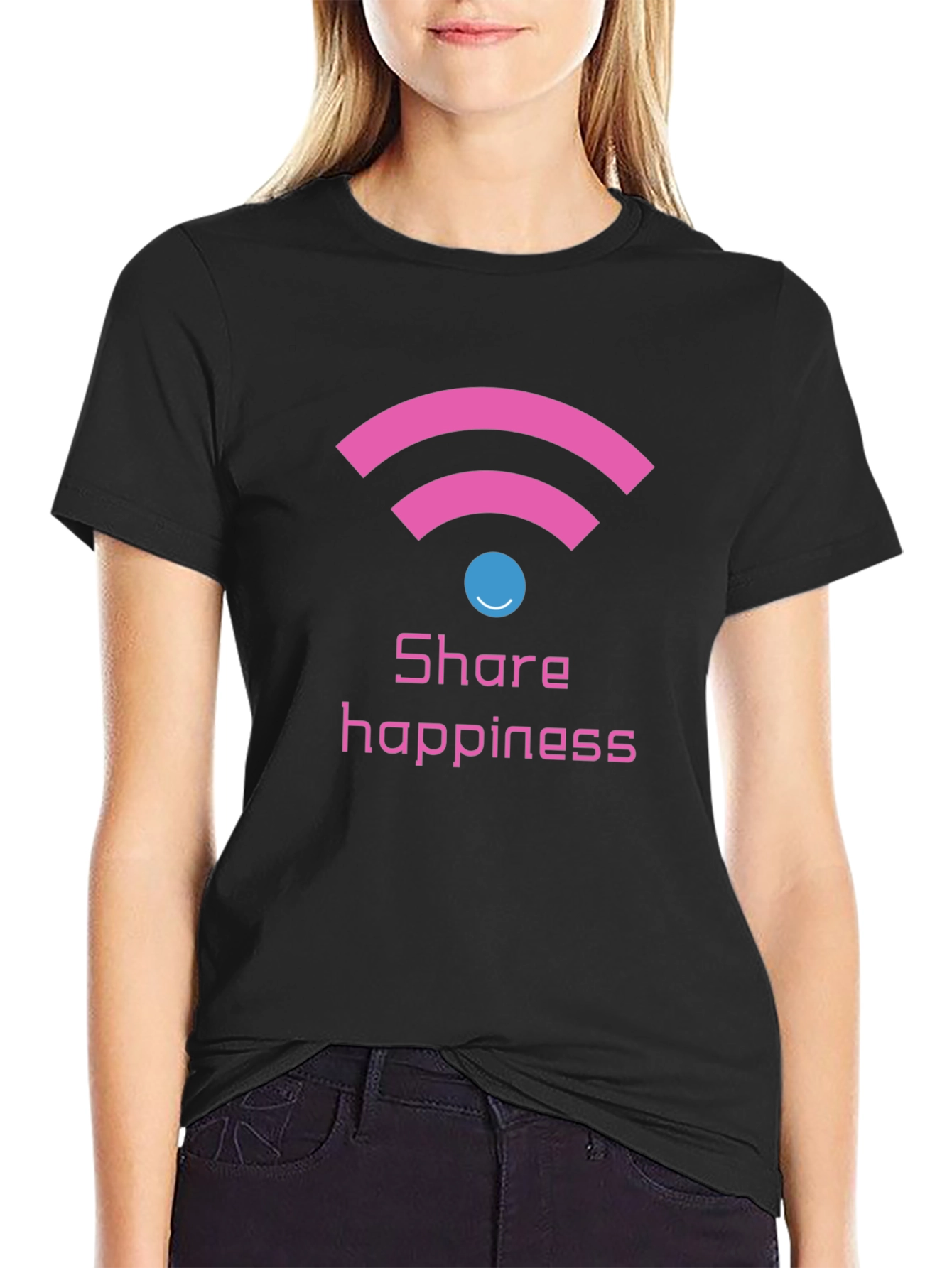 Share Happiness Graphic Tee - Black Cotton Comfort