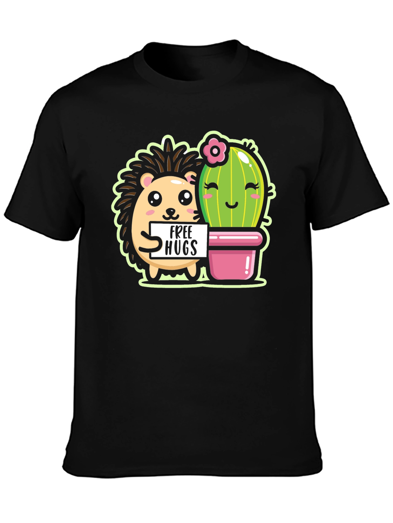 Cute Hedgehog & Cactus Free Hugs Black T-Shirt