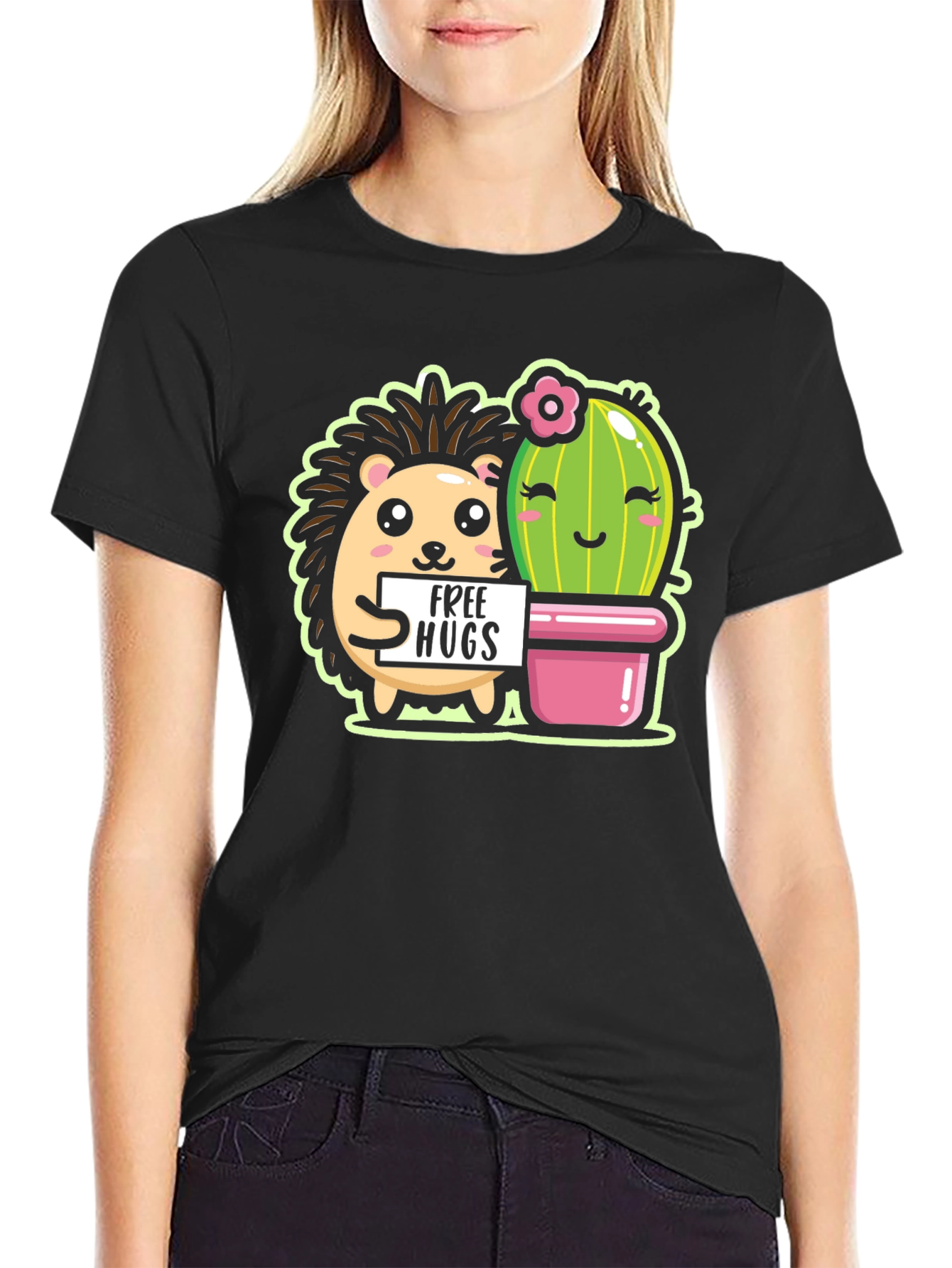 Cute Hedgehog & Cactus Free Hugs Black T-Shirt